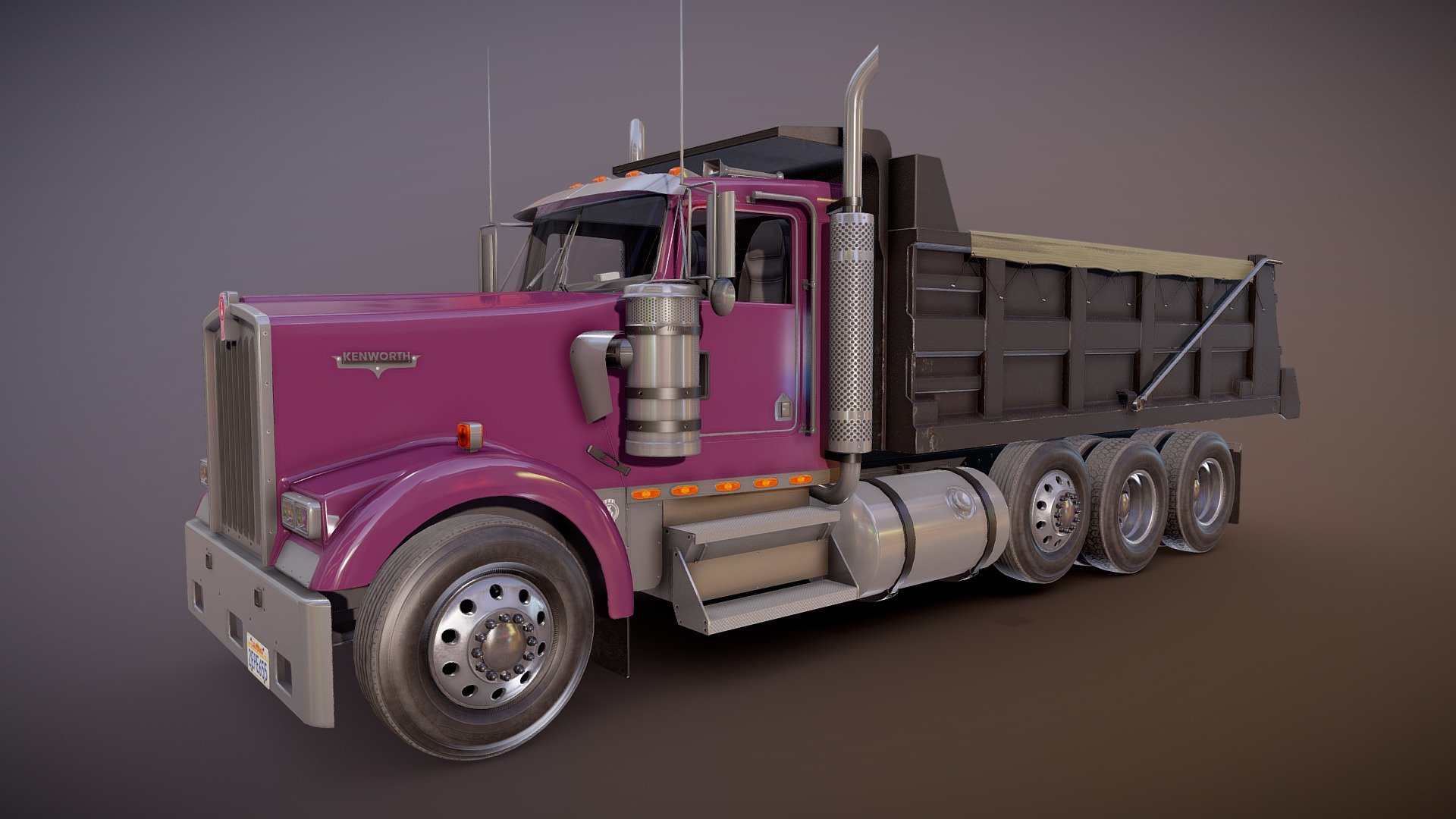 Kenworth dump truck game ready model.

Full textured model with clean topology.

High accuracy exterior model.

Different tires for rear and front wheels.

High detailed cabin - seams, rivets, chrome parts, wipers and etc.

High detailed rear suspension with axles and other parts.

Full modeled and textured dump inner space.

Lowpoly interior - 1811 tris 1074 verts.

Wheels - 25960 tris 14584 verts.

Full model - 73460 tris 42298 verts.

High detailed rims and tires, with PBR maps(Base_Color/Metallic/Normal/Roughness.png2048x2048 )

Original scale.

Lenght 10.7m , width 3.35m , height 4.1m.

Model ready for real-time apps, games, virtual reality and augmented reality.

Asset looks accuracy and realistic and become a good part of your project 3d model