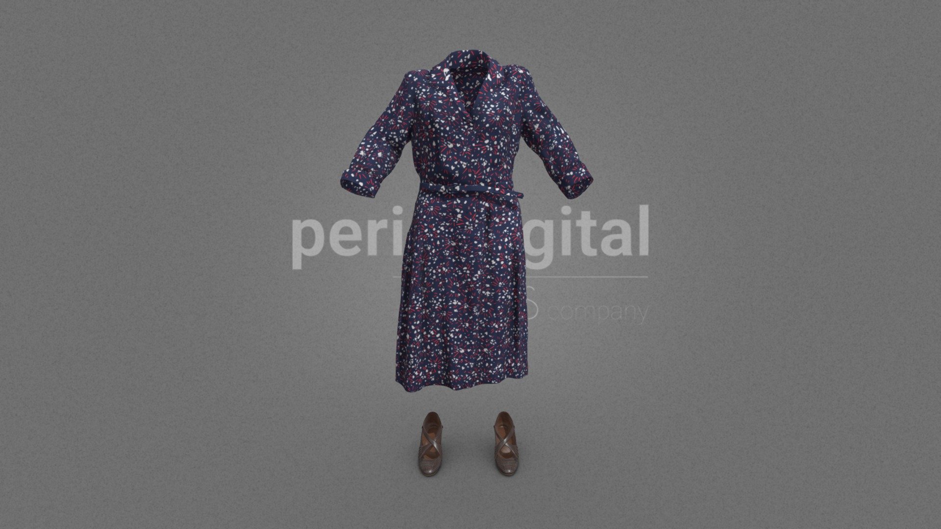 Navy blue shirt dress printed in red and white tones, long sleeves and belt; brown leather heeled shoes with cross strap.

Our &ldquo;40s