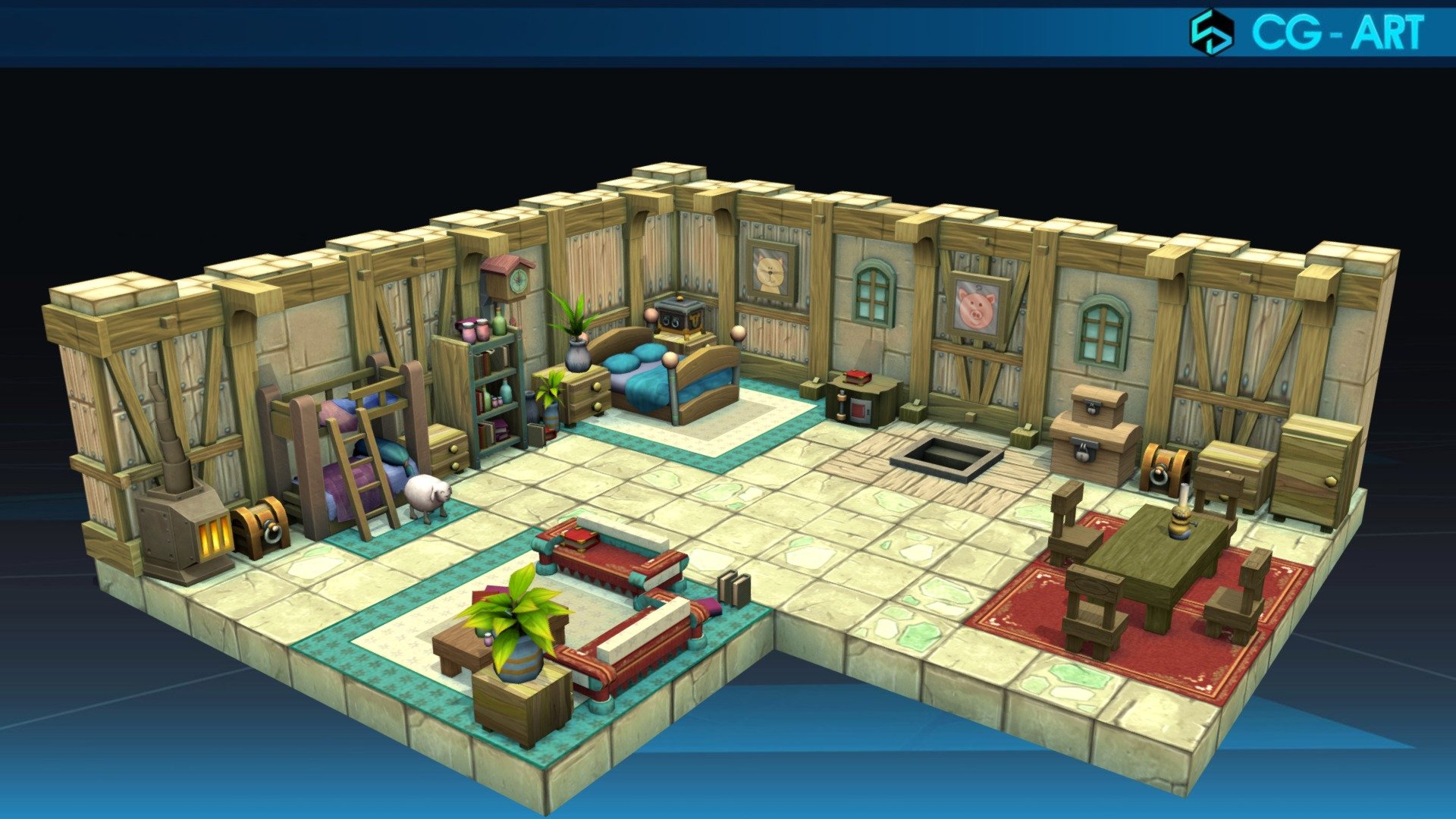 Inspired by the unique design of houses for players in the game Dofus, we continue to turn them into visual 3D models to show our love for this game

Source
* https://dofus.jeuxonline.info/actualite/35870/devblog-refontes-graphique-27

Tools Used
* Maya
* Photoshop - House of Amakna Castle_Dofus - 3D model by cgart.com (@goart) 3d model