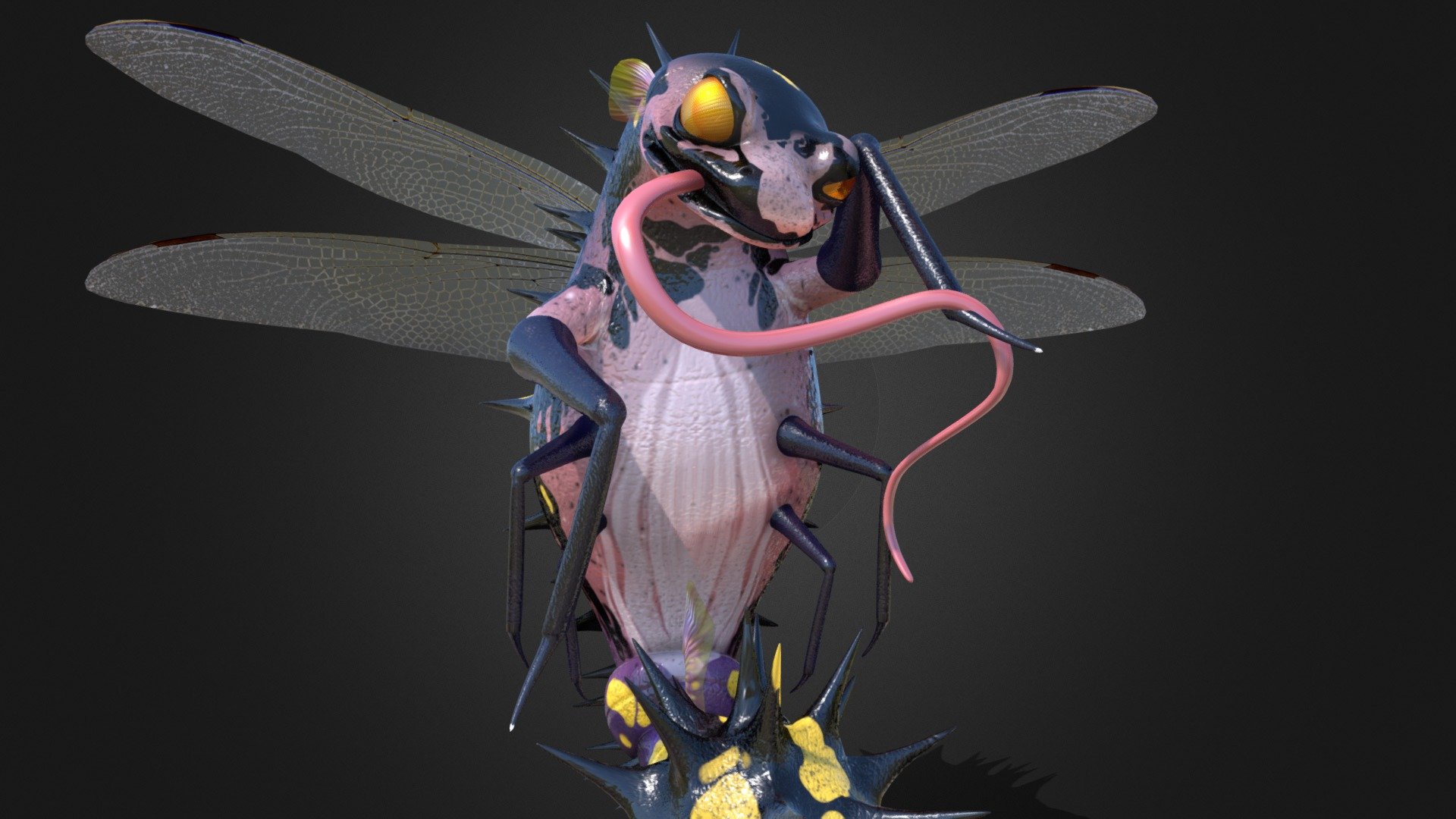 The combination of a salamander, dragonfly and pufferfish. The model was created for my character modeling class 3d model