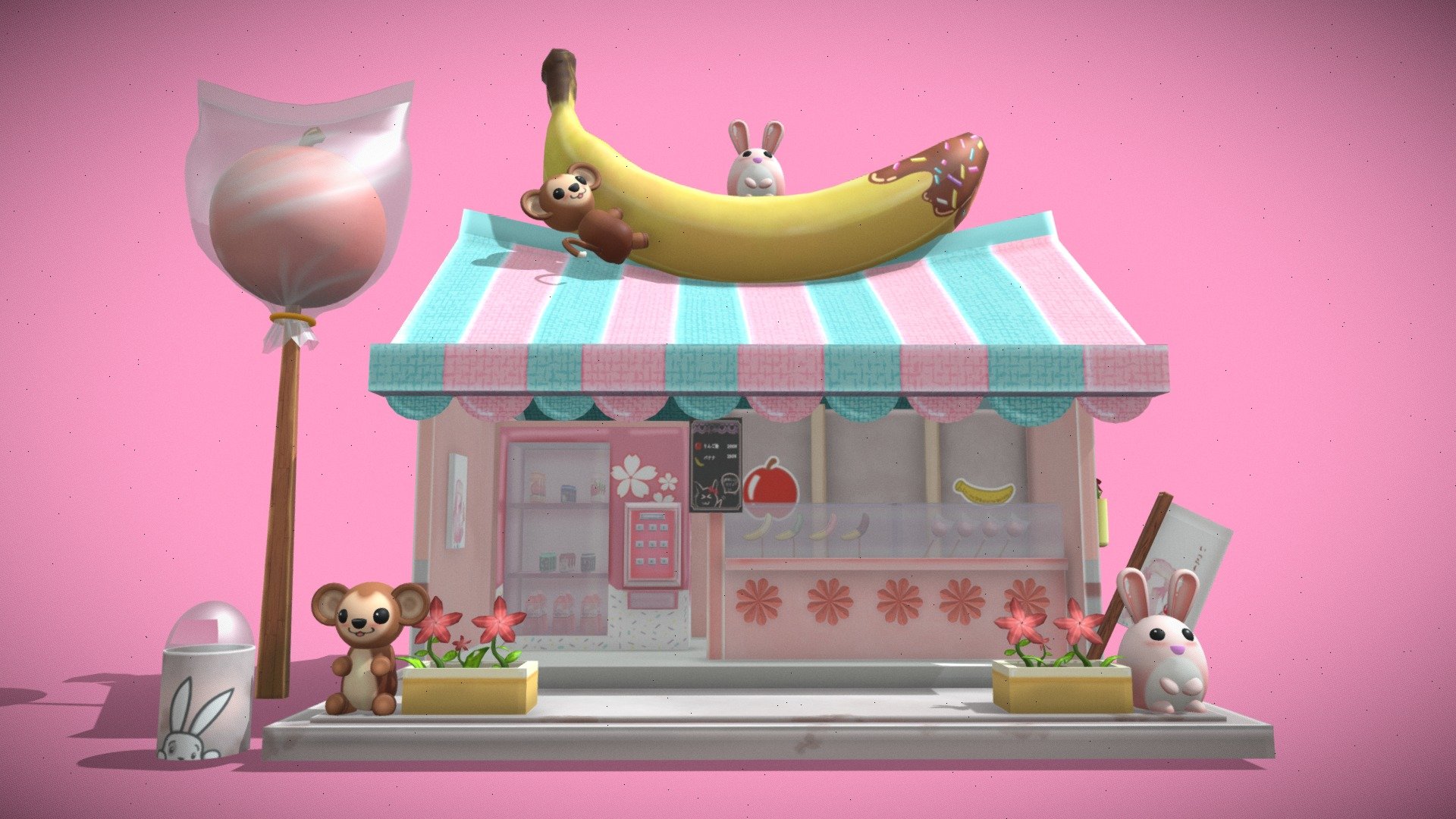 Eyyyy! First model created for university project     (≧◡≦) Not exatcly the most complex model but its one of my memorable model! A lot happened in the process of getting this done but regardless, I'm happy with its outcome ( ´ ∀ `)ノ～ ♡ - Ringo and Choco Banana shop (ﾉ◕ヮ◕)ﾉ*:･ﾟ✧ - 3D model by Ash (@Jasmine.Ashley) 3d model