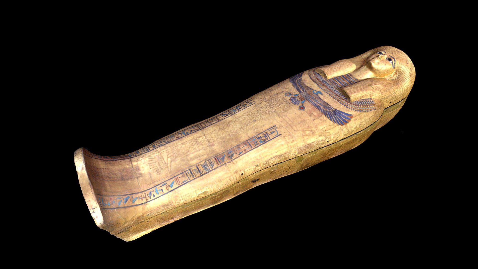 The innermost coffin of three of Yuya from his tomb in Egypt’s Valley of the Kings (KV46). The tomb was discovered in 1905 by James Quibell and contained the partially looted burials of Yuya and his wife Thuya of the 18th Dynasty. Yuya and Thuya were non-royal nobles and the parents of Queen Tiye who was the Great Royal Wife of Amenhotep III and mother of Akhenaten. The coffin is currently in the Egyptain Museum, Cairo, Egypt.

Created from 177 photographs (Canon EOS Rebel T5i) using Metashape 1.5.5. The base of the coffin was unavailable for scanning and has been reconstructed using Meshmixer 3.5 with texture touched up using Blender 2.8 Texture Painting. Photographed in November 2018 with very challenging lighting conditions from the LED &ldquo;uplighting