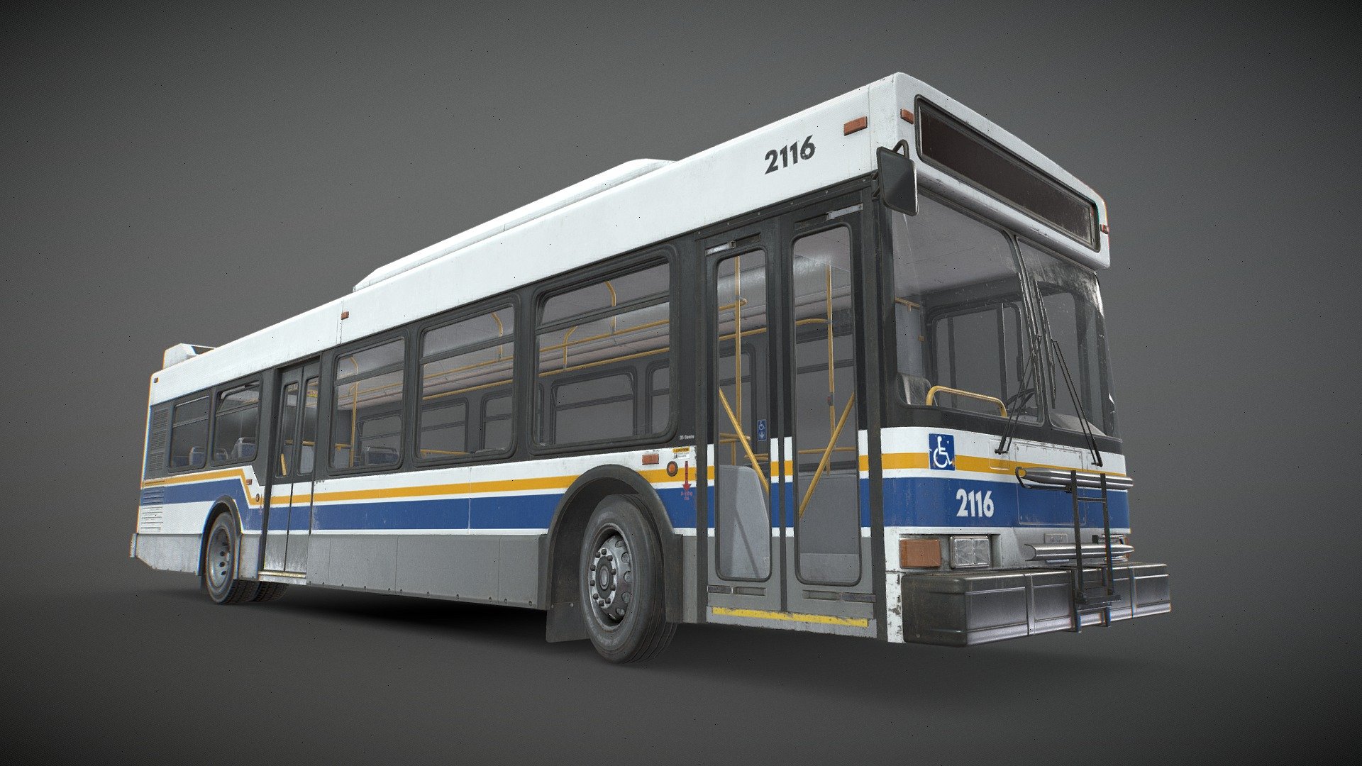 Generic City Transit Bus 3D  low poly model:




Real-world scale and centered.

The unit of measurement used for the model is centimeters

Doors, wheels, steering wheel, windows and bike rack are separated and can be easily rigged/animated (model not animated).

Interior is a separate object to detach if needed.

PBR textures made in Substance Painter

All branding and labels are custom made.

Approx. size:  L: 12,4m  W: 2,55m  H: 3,25m (not including mirrors)

Version with open doors also included

Total Polys:  18.711 (36.331 tris)

Maps sizes: 




Body: 4096x4096

Details: 4096x4096

Interior: 4096x4096

Wheels: 2048x2048

Glass: 2048x2048

Decals: 2048x2048

Provided Maps:




Albedo 

Normal

Roughness

Metalness

AO

Opacity included in Albedo (glass and decals)

Emissive

Formats Incuded - MAX / BLEND / OBJ / FBX 

Packed ORM textures available uppon request

This model can be used for any game, film, personal project, etc. You may not resell or redistribute any content - City Bus - Low Poly - Buy Royalty Free 3D model by MSWoodvine 3d model