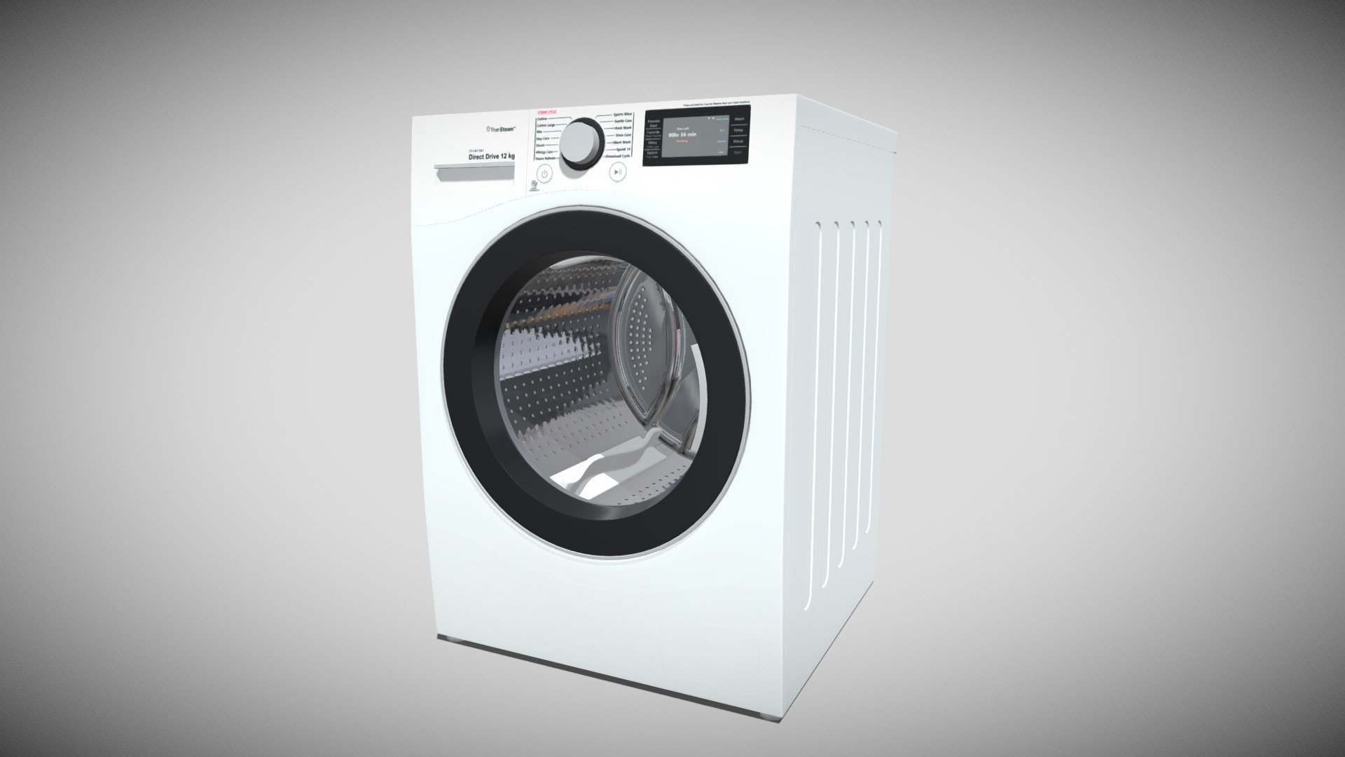 Detailed model of an LG Washer, modeled in Cinema 4D.The model was created using approximate real world dimensions.

The model has 123,440 polys and 127,678 vertices.

An additional file has been provided containing the original Cinema 4D project files with both standard and v-ray materials, textures and other 3d export files such as 3ds, fbx and obj 3d model