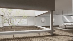 Modern Gray Gallery | Baked trees, tree, modern, chairs, concrete, painting, vr, gray, bamboo, gallery, construct, museum, paintings, collections, envrionment, art, wood, interior, construction