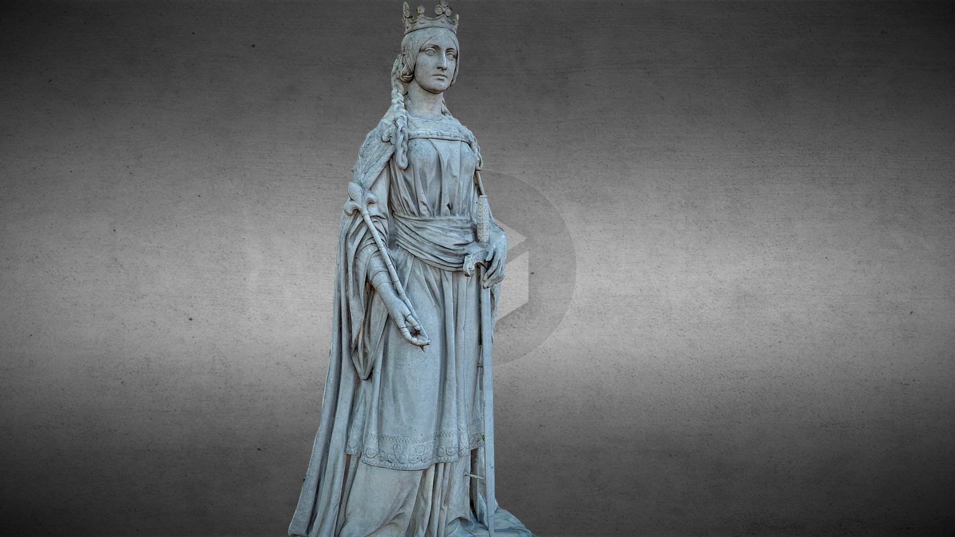 Queen Mathilde, spouse of Guillaume le conquérant, historical character of history of France and England.

She is holding a sceptre with a fleur-de-lys, royal symbol of power, and a sword in her other hand.

Statue made by the french sculptor Jean-Jacques Elshoecht (1797-1856) and located in Luxembourg garden, Paris 3d model