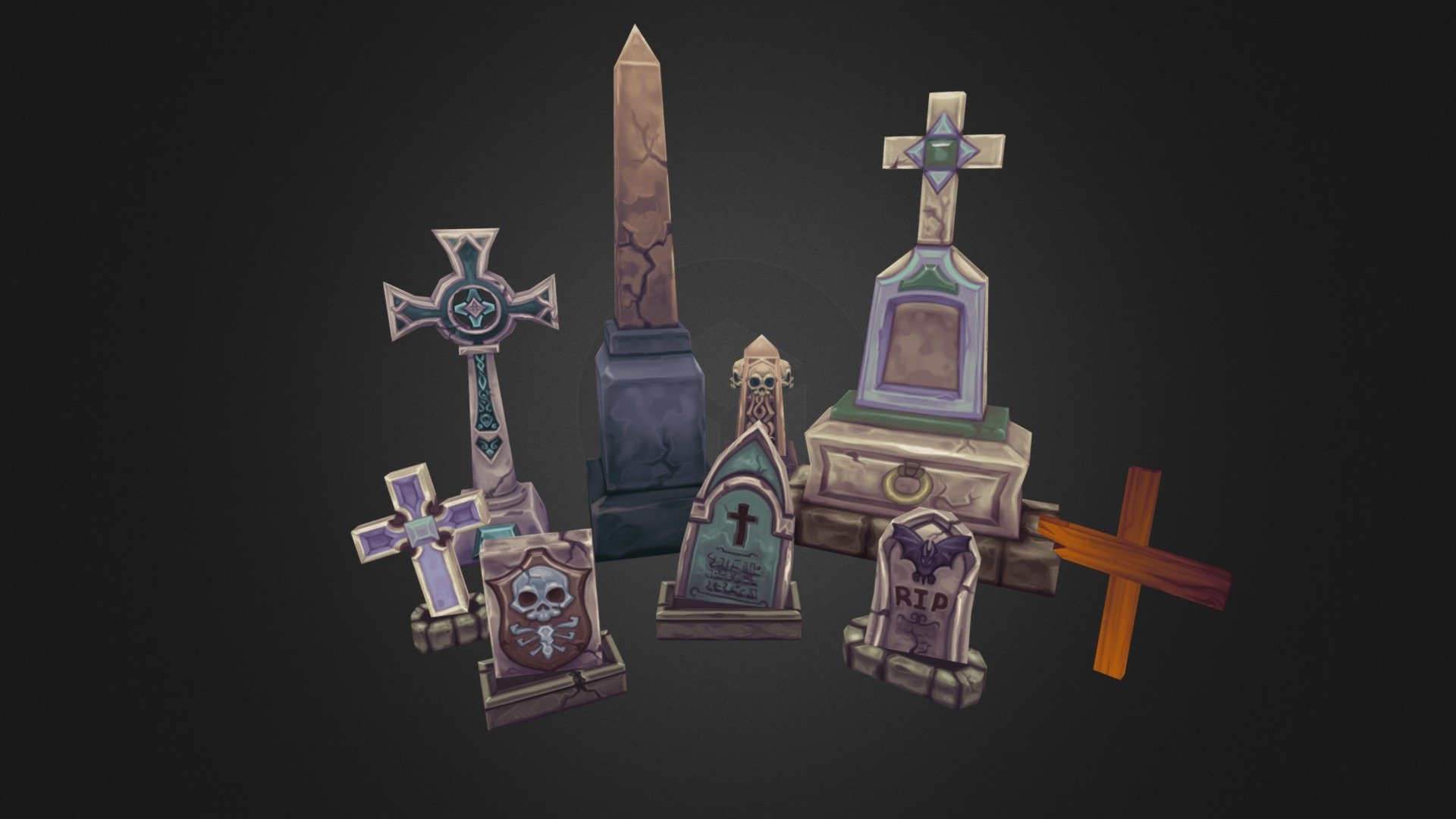 This set of hand painted gravestones and obelisks includes over 50 models in both damaged and undamaged styles. Textures come in Standard 2048px atlased TGA format for that extra detail. Easily downsized within Unity. Includes 3 different color variations and a unity package with over 50 prefabs.  Perfect for mobile!
If you like what you see, it's also available for purchasse on the Unity asset store or my 3DSauce website! - Low Poly Graves - Buy Royalty Free 3D model by 3dsauce 3d model