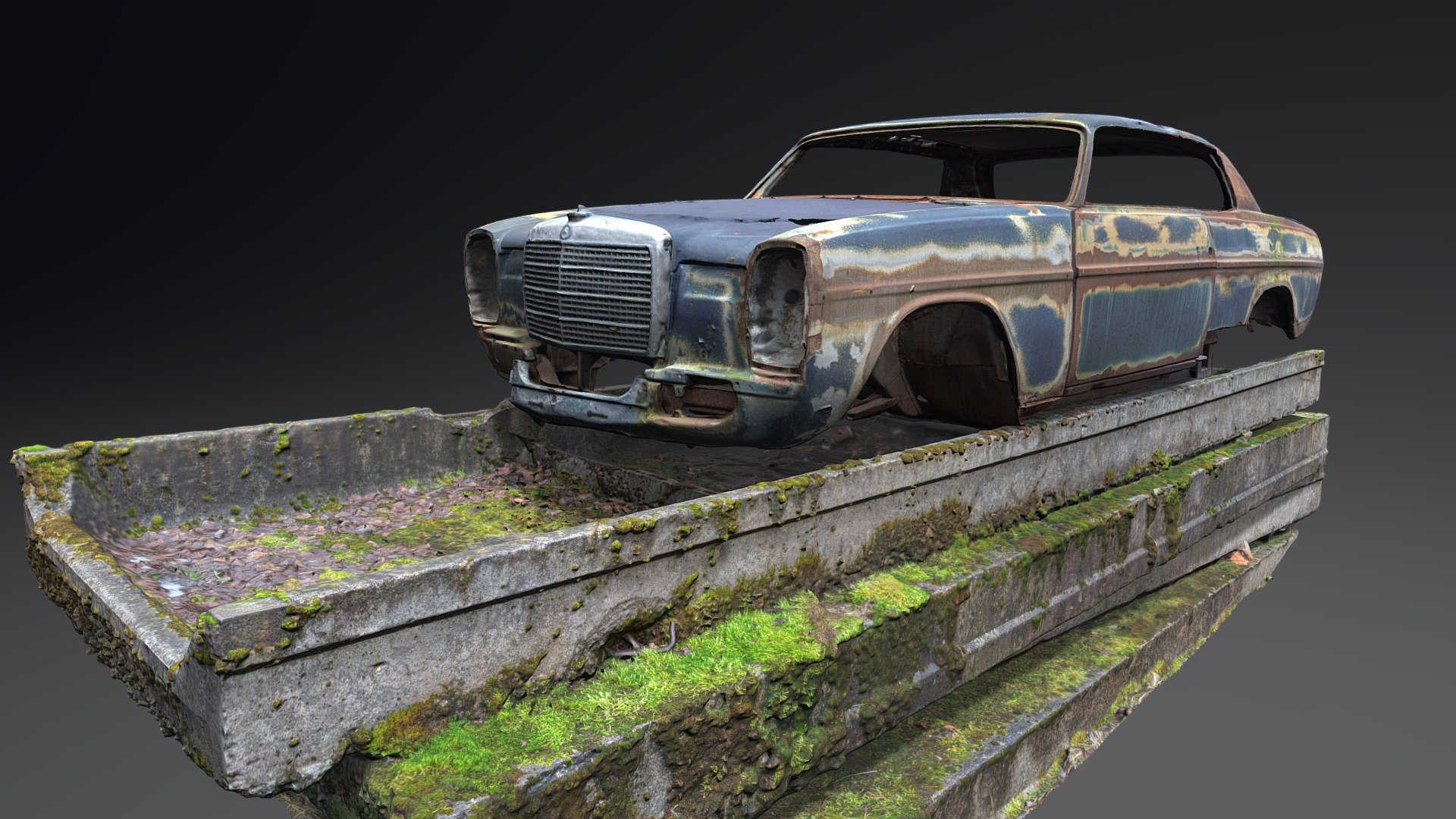 3D scan of a very old Mercedes wreck on some soviet industrial blocks.
No wheels, rusty, looks burned.
With normal map 3d model