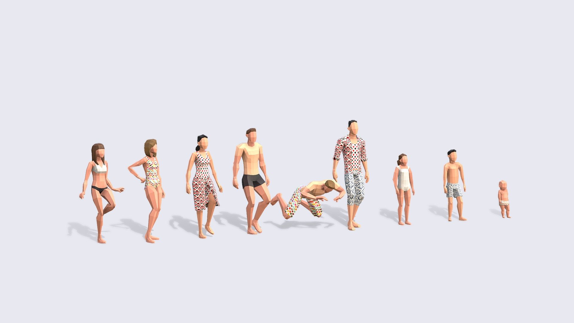 SUMMER LOW POLY PEOPLE
A super versatile pack of Low Poly People where all models can walk, chat and interact. Plus all models can use the same or vary the 6 different textures.

INCLUDES:




Independent Rest Pose fin FBX, perfect for Animating with mixamo or your chosen platform

Independent Animated FBX file that includes all 9 looping animations -100 frames

Full Pack Blender Native file with all characters together.

Textures created for the pack.


Give some unique style to your crowds with our collection of low poly people.
*3RD GENERATION of Animated Low-Poly People and it will be included in The Compilation - Summer People - Animated & Rigged - Buy Royalty Free 3D model by Studio Ochi (@studioochi) 3d model