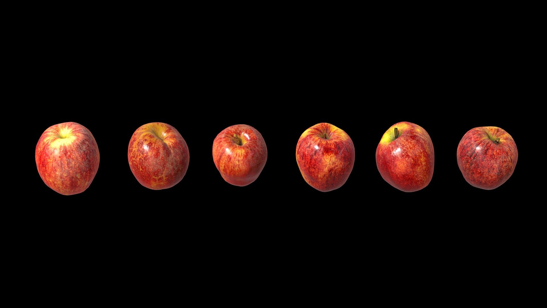 6 Royal Gala Apples.  6 individual 2k materials, each with diffuse, normal, and roughness.  Each Apple is around 2k triangles 3d model