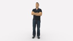 Man in dark blue polo cross hands 0817 style, people, fashion, clothes, miniatures, realistic, polo, character, model, man, blue