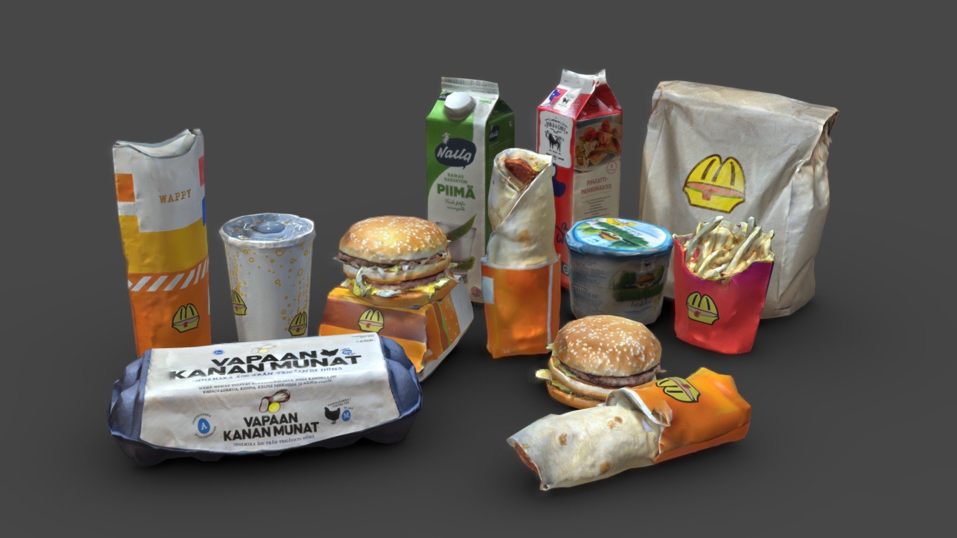 Here is 11 models of food, drinks, and fast food that have been photoscanned, made game-ready, and are unbranded - Food Pack - Buy Royalty Free 3D model by Evan (@Evanz) 3d model