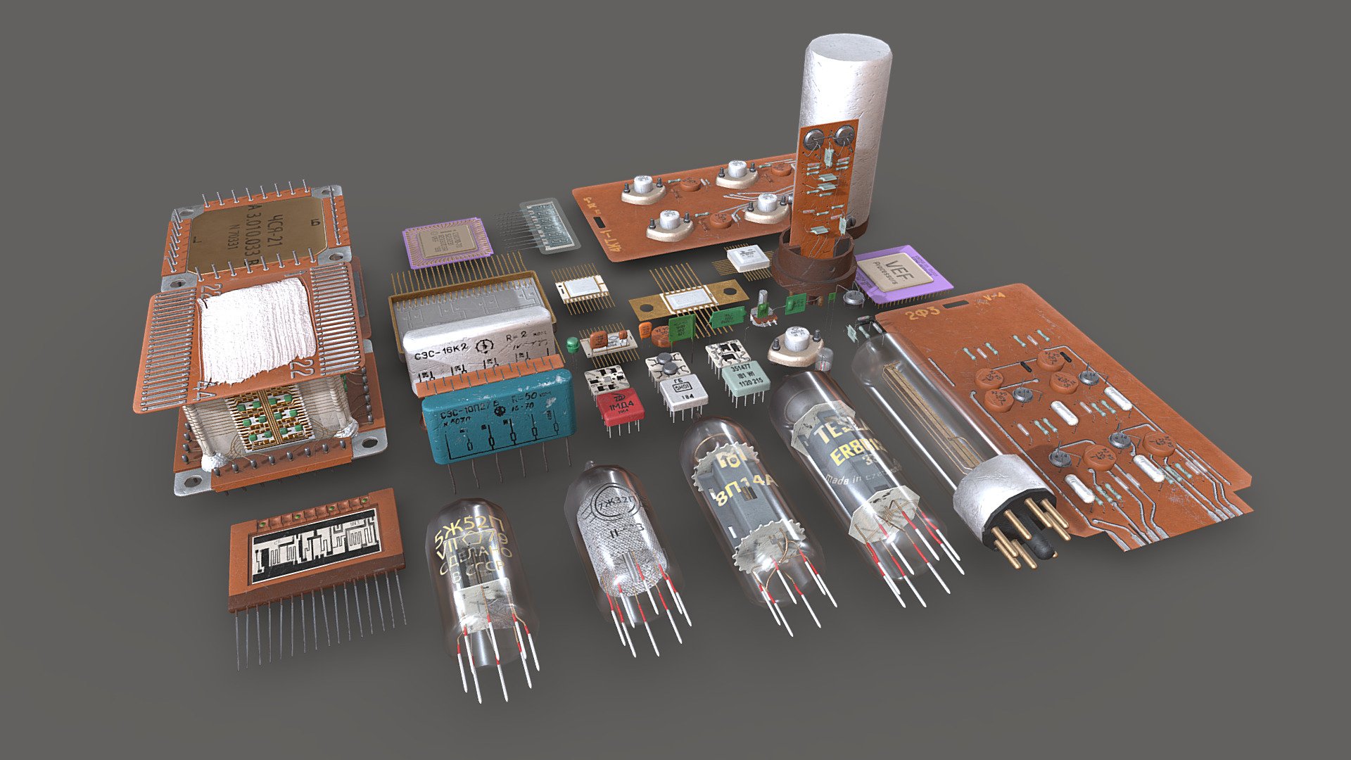 Electronics components Vol.3 3d models pack. Soviet memory cube, vaccum tubes, processors, some shemes, microchips, transistors and elements. One set 4k PBR texture 3d model