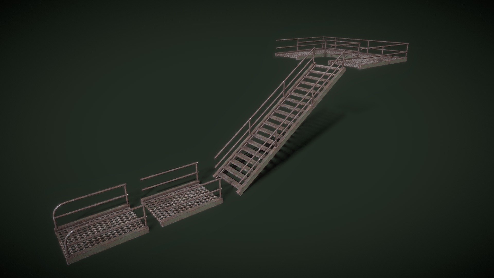 I have made some bridge modular assests which includes an end piece, a middle pieces, a stair piece and a U shaped piece which can be used to made the stairs curve up. These are game ready assets which snap together seemlesses in both the model and the texture

These where made in Maya and Subtance Painter and where made in about 2 hours - Rusty bridge modular assets - Game Ready - Buy Royalty Free 3D model by The Moyai (@Eagger) 3d model
