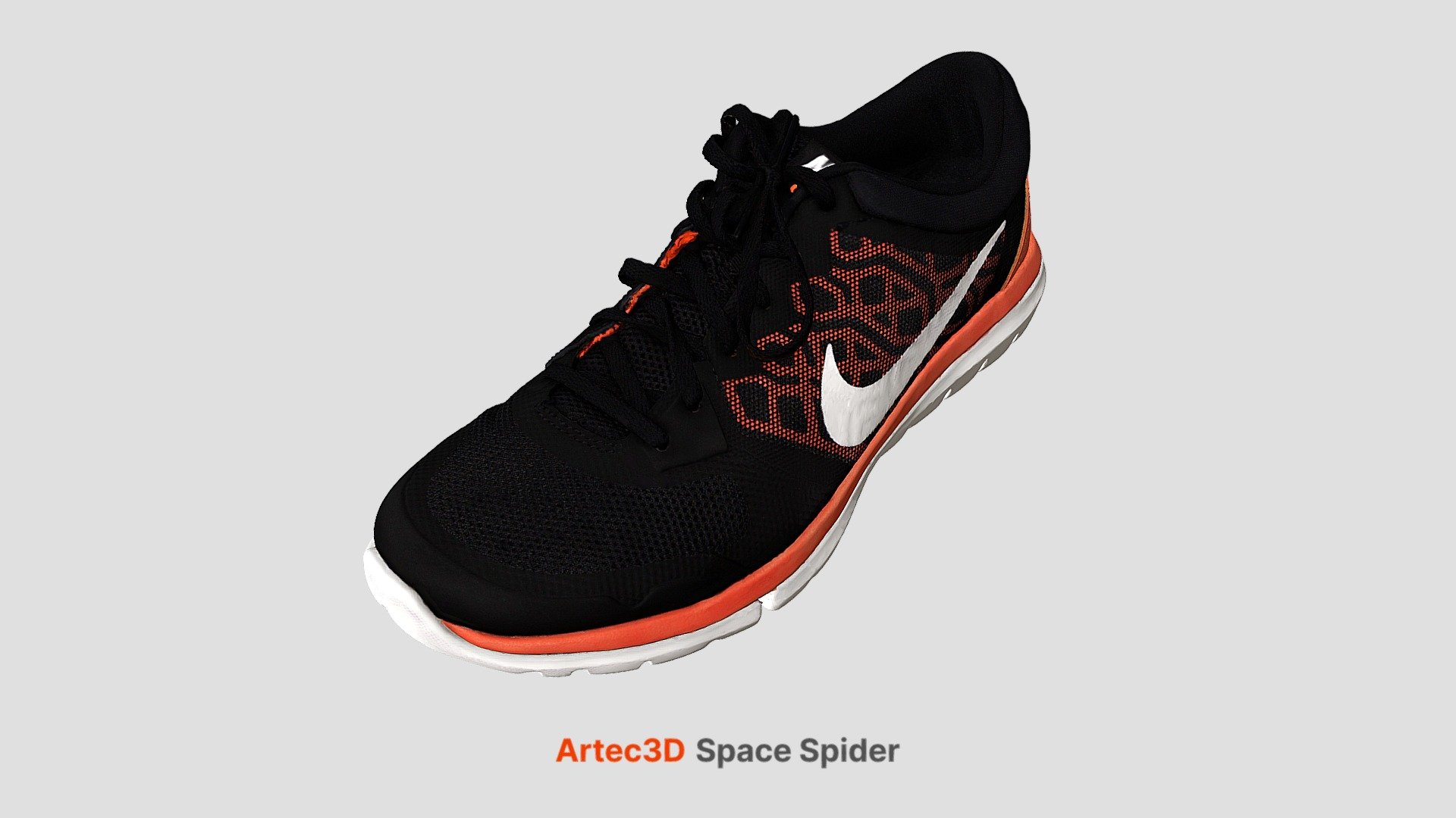 This Nike shoe was scanned using the Artec Space Spider in just a pocketful of minutes. As you can see even when zooming in to the max, all the shoe's laces and usually-challenging geometries were perfectly captured. The black surfaces and unusual fabrics of the shoe proved to be no match for Space Spider's all-seeing eyes. The scans were processed in Artec Studio software shortly thereafter and turned into this 3D model 3d model