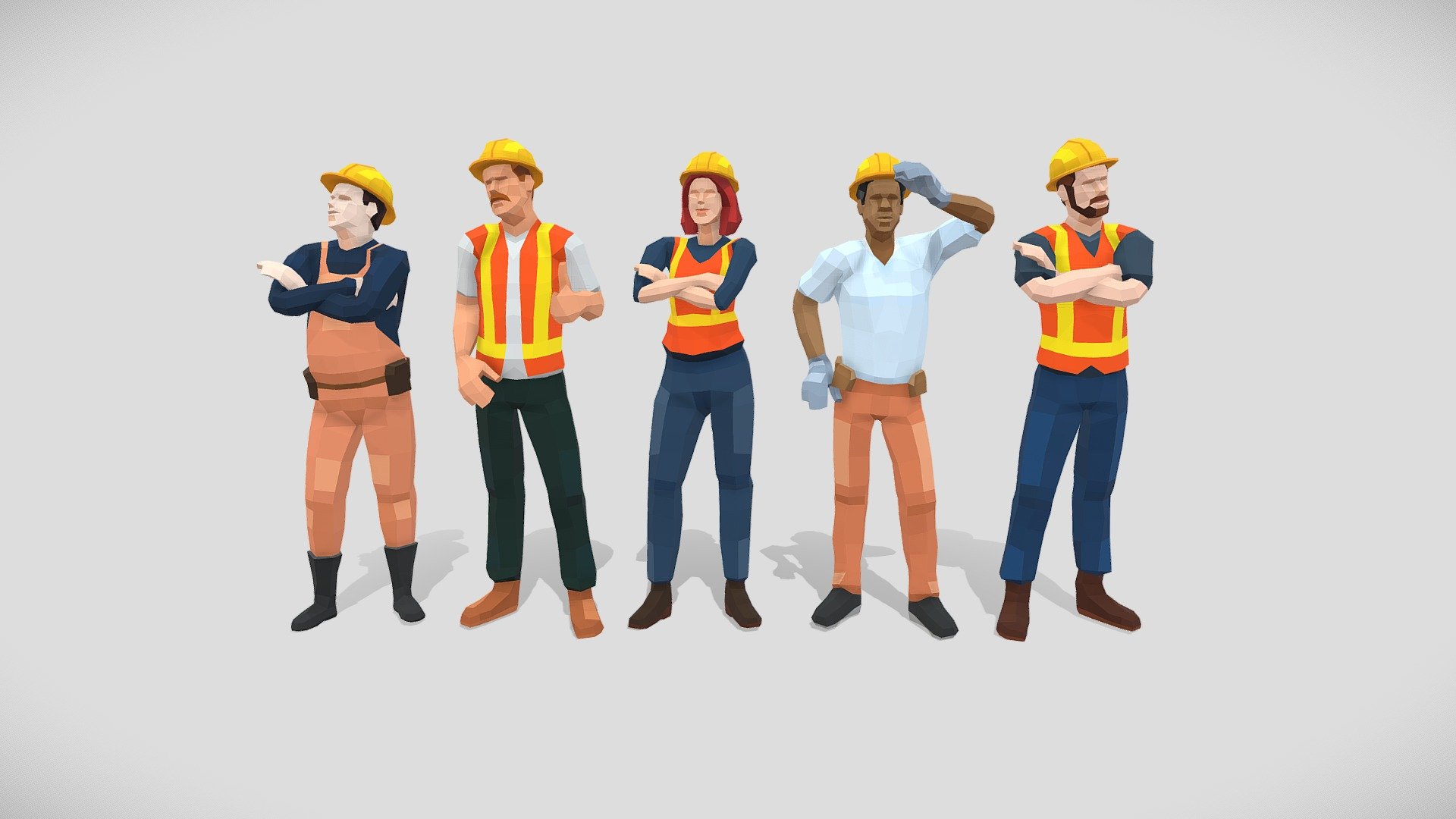 A team of 5 Low Poly Style characters representing workers from construction sites or similar. Created with 3ds Max 2016, with exports to FBX and tested with Unity for compatibility with Humanoid System. All rigged with Biped + Skin. Get the rigs from additional .zip file.

Optimized for mobile with about 950 polygons (or 1800 triangles), UV mapped using a color texture palette, easy modifiable on 3ds Max using pX Poly Paint script.

You can also find these character as part of  100-Mega-Pack or Professional People 3d model