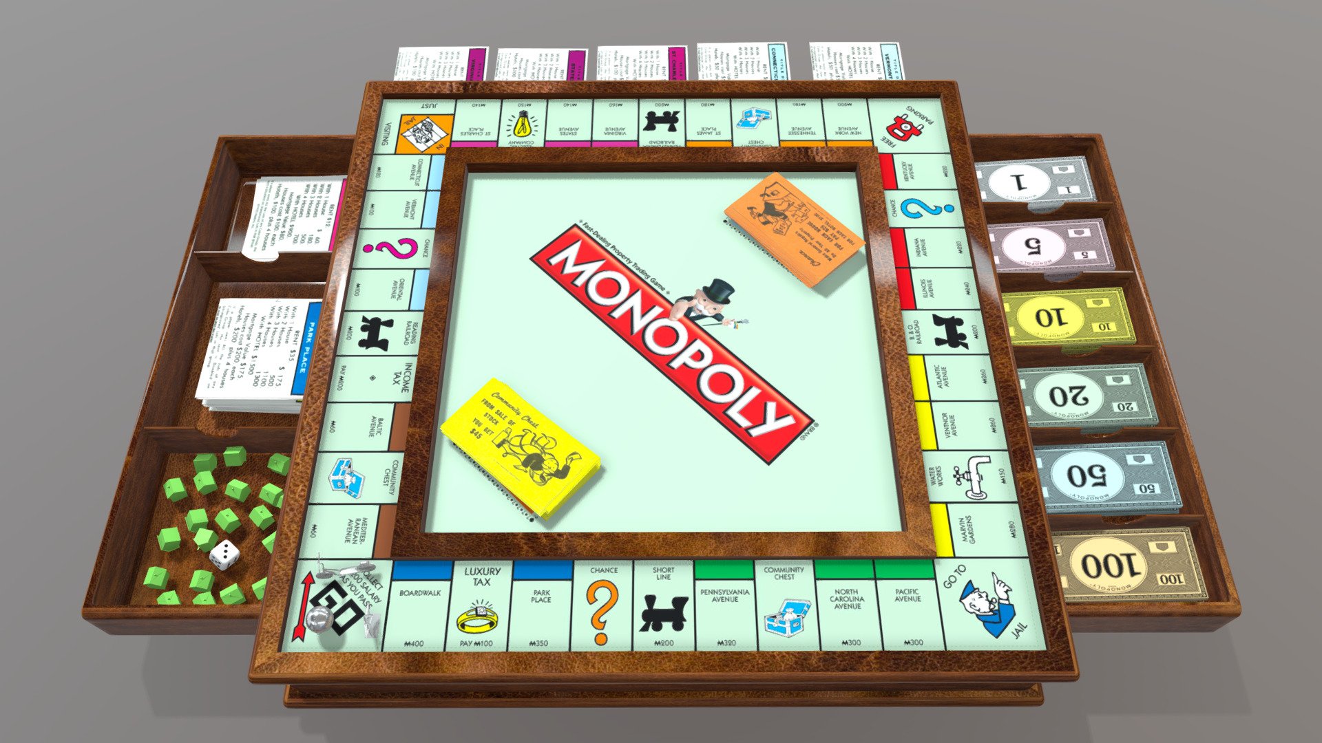 Classic Monopoly V2




22 cards (streets) with 8 different group colors

4 cards (railways)

2 cards (public companies)

houses

16 cards (chance)

16 cards (community chest)

40 cards (1$), 40 (5$), 40 (10$), 50 (20$), 30 (50$), 20 (100$), 20 (500$).

3 pieces 

2 drawer with all inside

1 dice
 - Classic Monopoly V2 - Buy Royalty Free 3D model by luismi93 3d model