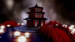 Temple of the Spirits (Asian Temple) lantern, mini, composition, miniature, asian, water, environmental, ghosts, emission, yokai, luminated, maya, asset, game, bridge, gameready, environment, temple, japanese