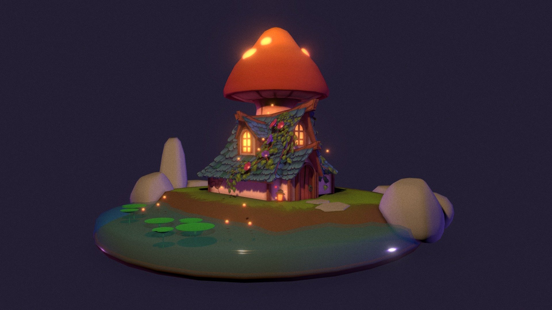 I created the mushroom house as an asset to be used for my project in my game development studio, but I wanted to create a base for a full diorama. I wanted to experiment more with stylized shapes and silhouettes 3d model