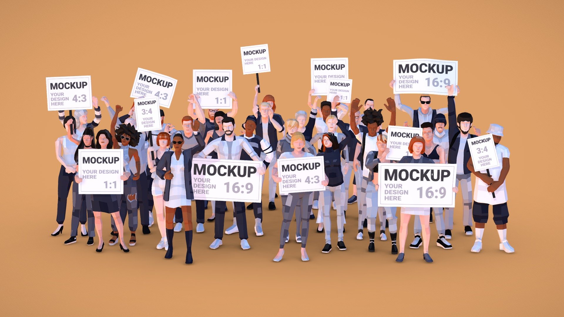 Replace sign textures with your own messages and desings. Great for graphical design or interactive 3D webs.

Static posed characters protesting holding mockup sings. Placeholder textures indicates their aspect ratio. 

For customizing the character look there are more than 20 texture variations.

Free sample here: People Protesting Free. 

See alternative rigged asset pack for games and animations: City People Mega-Pack - People Protesting Mockup Low-Poly Style - Buy Royalty Free 3D model by Denys Almaral (@denysalmaral) 3d model