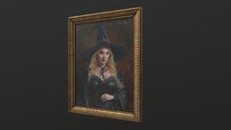 OldPortraitWitch_02 frame, oil, portrait, medieval, painting, antique, realistic, sorceress, illustration, harrypotter, hogwarts, pbr, lowpoly, witch, fantasy, magic, gold, gameready, oilpainting, hogwartslegacy, createdwithai