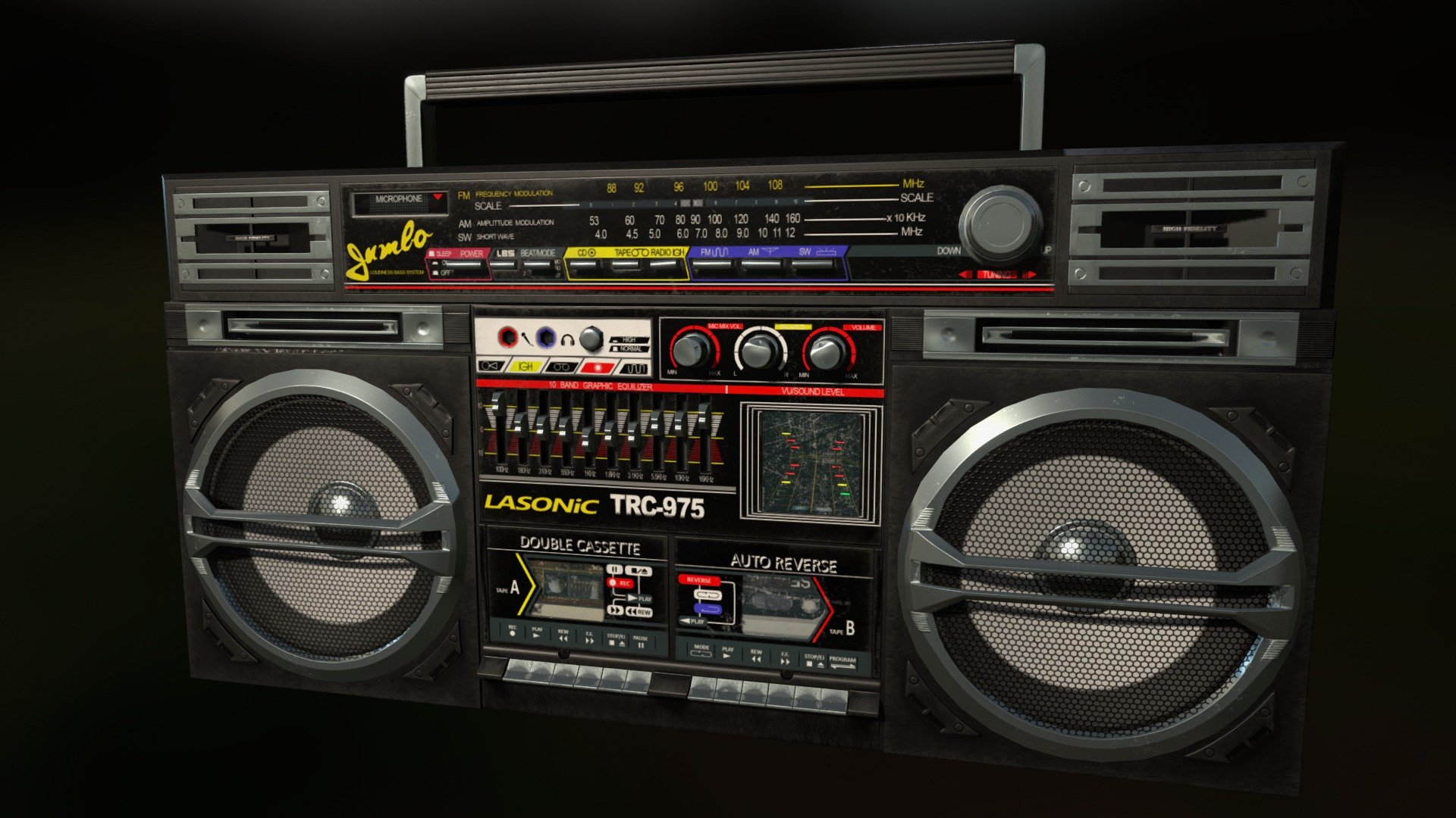Lasonic TRC-975 boombox, modeled in 3dsmax and textured using substance painter 2 and photoshop 3d model