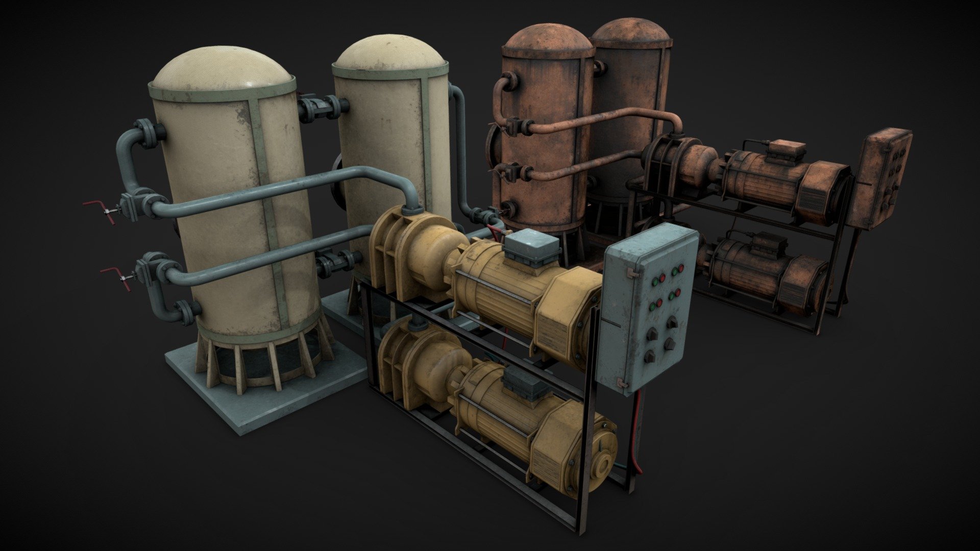 Machinery device for industrial visualizations 

4k PNG PBR textures included 

Painted and heavy rusted 

Non overlapped UVs 3d model