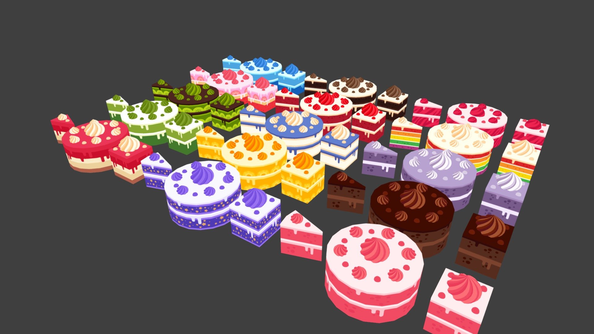 An assortment of different cake models with different color maps used to simulate a different cake recipe 3d model