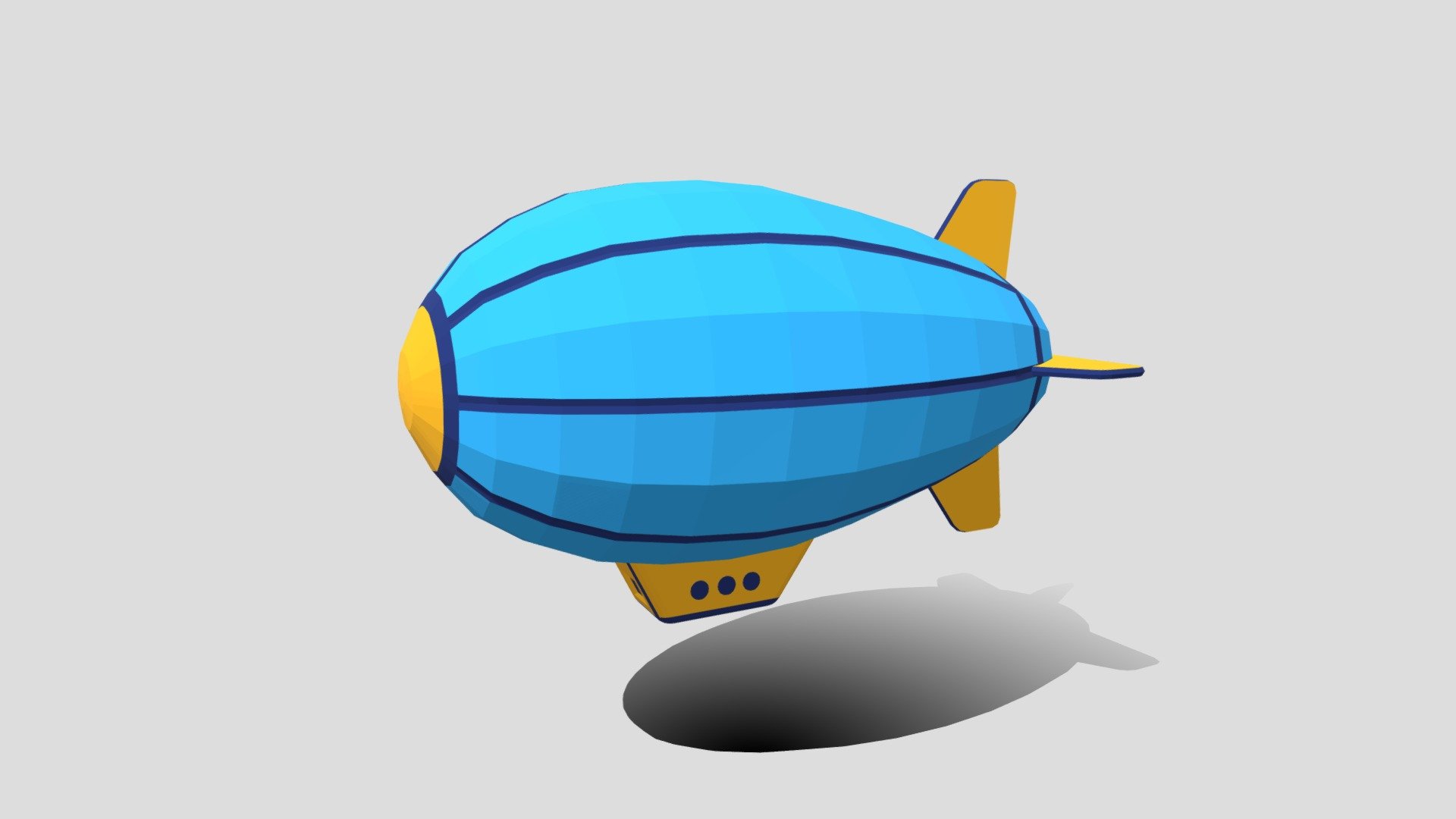 This is a low poly 3D model of a zeppelin. The low poly zeppelin was modeled and prepared for low-poly style renderings, background, general CG visualization presented as 1 mesh with quads/tris.

Verts : 1.000 Faces : 954.

The 3D model have simple materials with diffuse colors.

No ring, maps and no UVW mapping is available.

The original file was created in blender. You will receive a 3DS, OBJ, FBX, blend, DAE, Stl, gLTF.

All preview images were rendered with Blender Cycles. Product is ready to render out-of-the-box. Please note that the lights, cameras, and background is only included in the .blend file. The model is clean and alone in the other provided files, centred at origin and has real-world scale 3d model