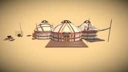 3 Yurts furniture, game-ready, optimized, illustration, kazakh, close-up, carpets, render, low-poly, lowpoly, home, textured, history, gameready, yurts