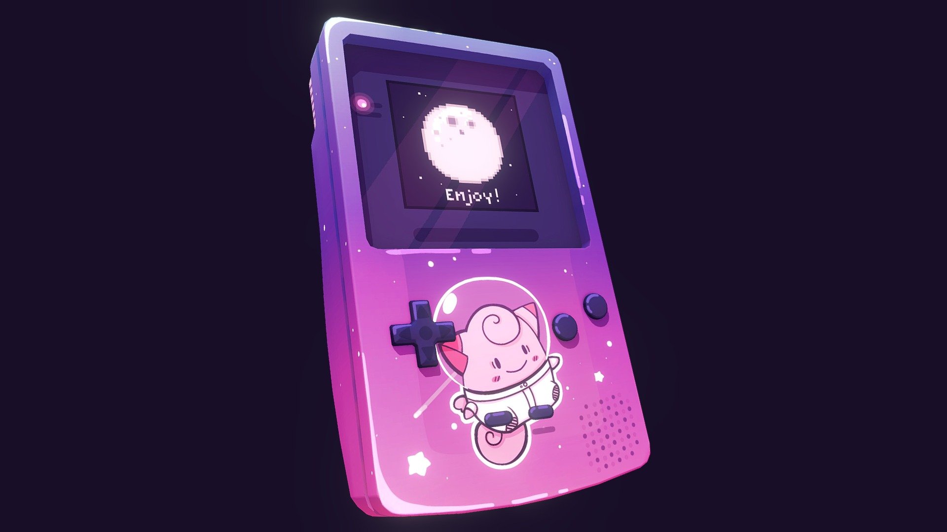 Had to get the idea of Clefairy leaving the moon to bring us this piece of joy to earth out of my head xD So here is another entry for the handpainted gameboy challenge :)

Credits:  rommalart (original model) and Curlscurly (retopology)

Based on &ldquo;Handpainting Challenge - Gameboy