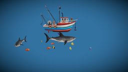 Animated Sharks Circling Fishing Boat Loop fishing, sharks, animated, circling