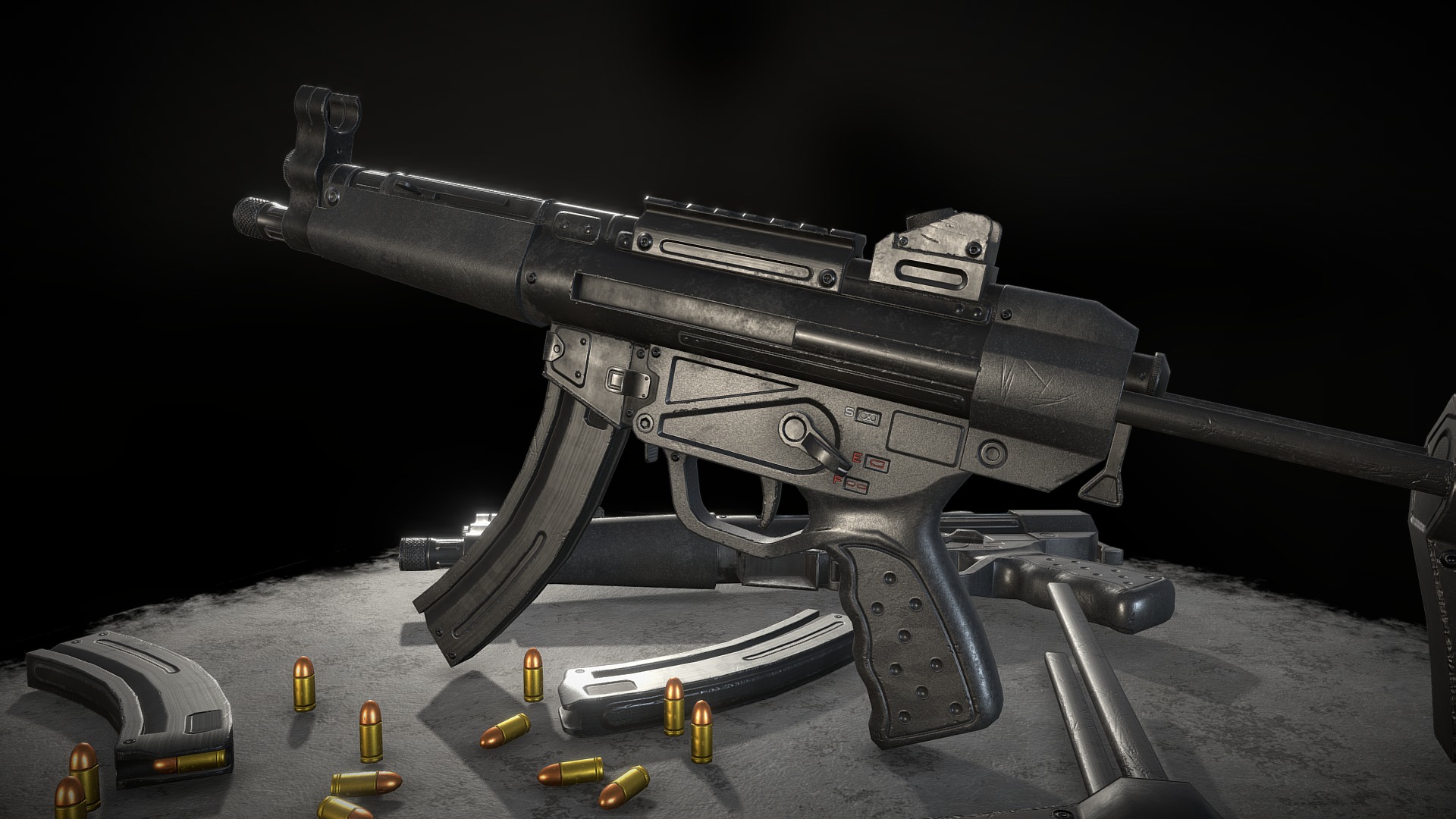 MP5 is a 9mm submachine gun, developed in the 1960s by engineers from the German small arms manufacturer Heckler &amp; Koch. mp5 commonly used in shooter game. This model purposed for first person shooter game. see render here

Model information :


dimension (5.82 cm x 60 cm x 31,6 cm)
geometry (3294 Tris)
already have bone and simple rig (no constrain)
texture size (4096x4096)
you can scaledown the resolution if you want.

you are free to use this model on your project under license term. do not resell or modified wthout notify me, you just need to credit me for creator. i'd love to see your project using this model , if something wrong please notify me thanks! - MP5 submachinegun - Download Free 3D model by Michael Karel (@michaelkarel) 3d model
