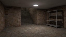 Rock Wall Basement with Baked Lighting scene, room, abandoned, castle, underground, basement, game-asset, cobblestone, baked-lighting, low-poly, building, dark, interior, basement-stairs