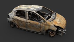 Burned-out Car Test wreck, rusty, hatchback, destroyed, burnt, burned, photoscan, photogrammetry, vehicle, car, war
