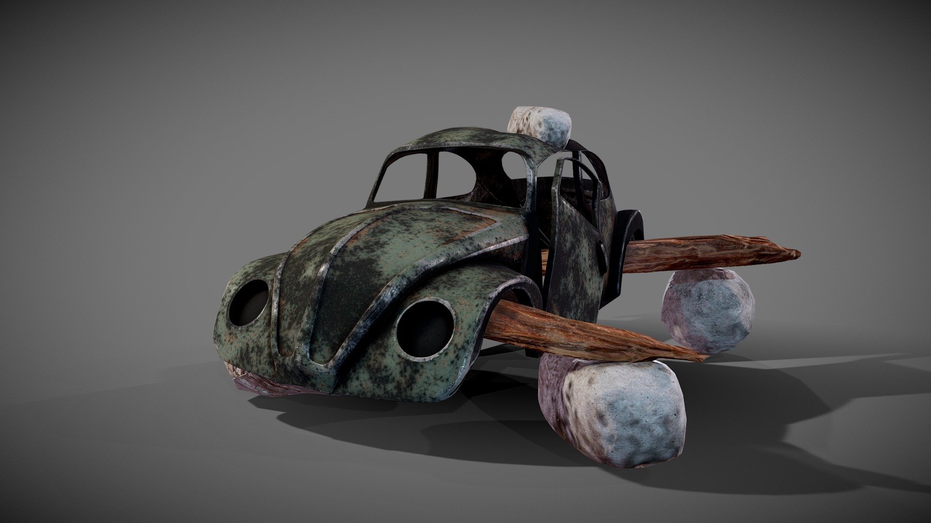 Wrecked old car on wooden stacks and stones. It can be in post battle scenes or games. Stones and wood looks can be changed via textures too 3d model