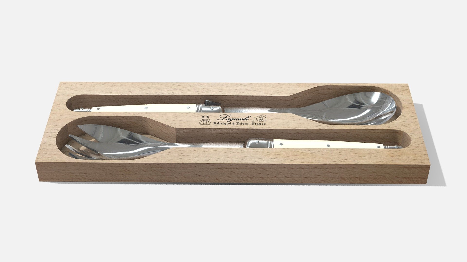 Modeled from existing sample to scale, Box has its own Pbr material and spoon &amp; spork share a Pbr material - Laguiole salad serving set Spoon & spork - Buy Royalty Free 3D model by Axeonalias 3d model