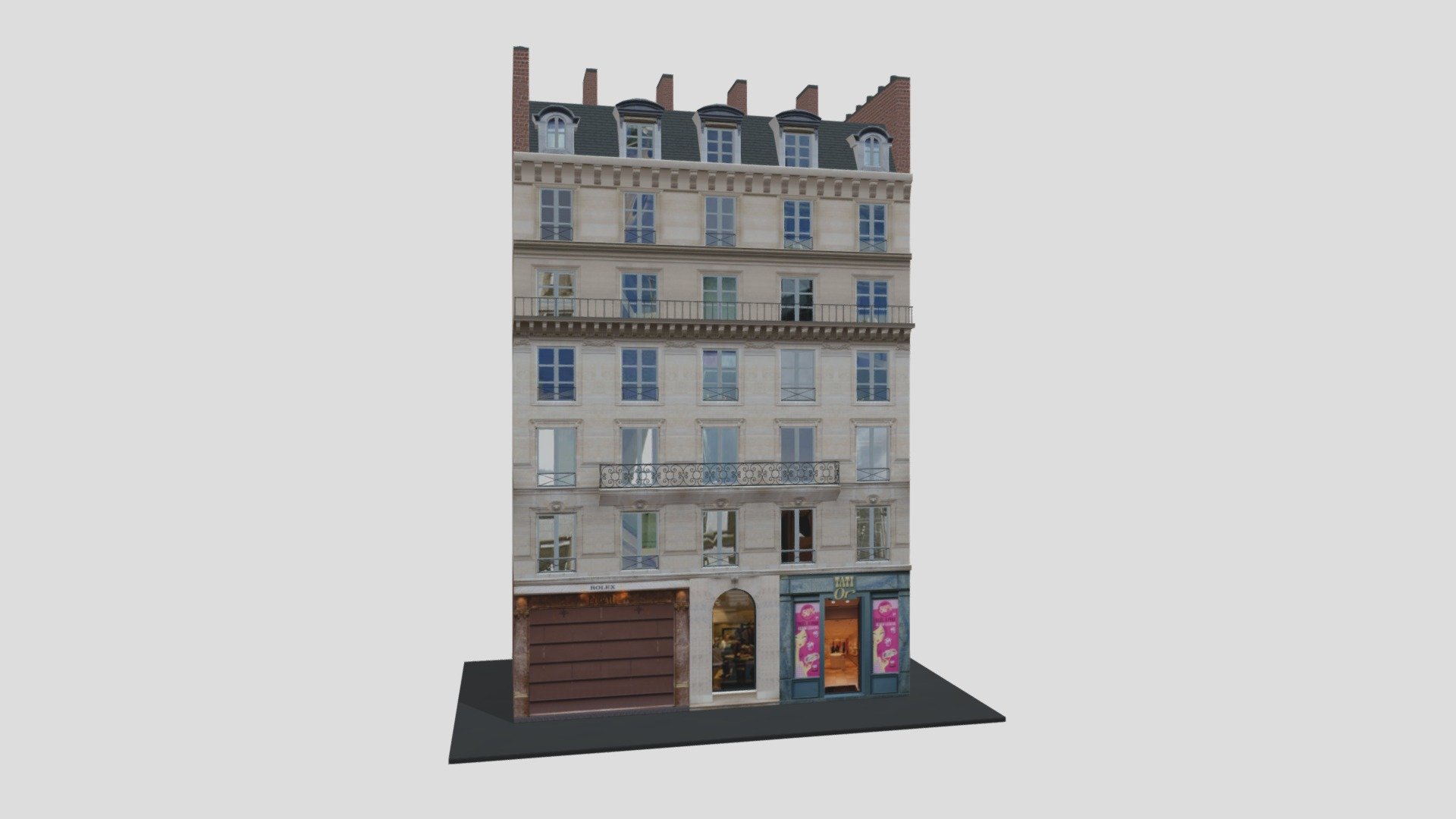 Typical Parisian Apartment Building 30
Originally created with 3ds Max 2015 and rendered in V-Ray 3.0. 

Total Poly Counts:
Poly Count = 15996
Vertex Count = 17869

https://nuralam3d.blogspot.com/2021/09/typical-parisian-apartment-building-30.html - Typical Parisian Apartment Building 30 - 3D model by nuralam018 3d model