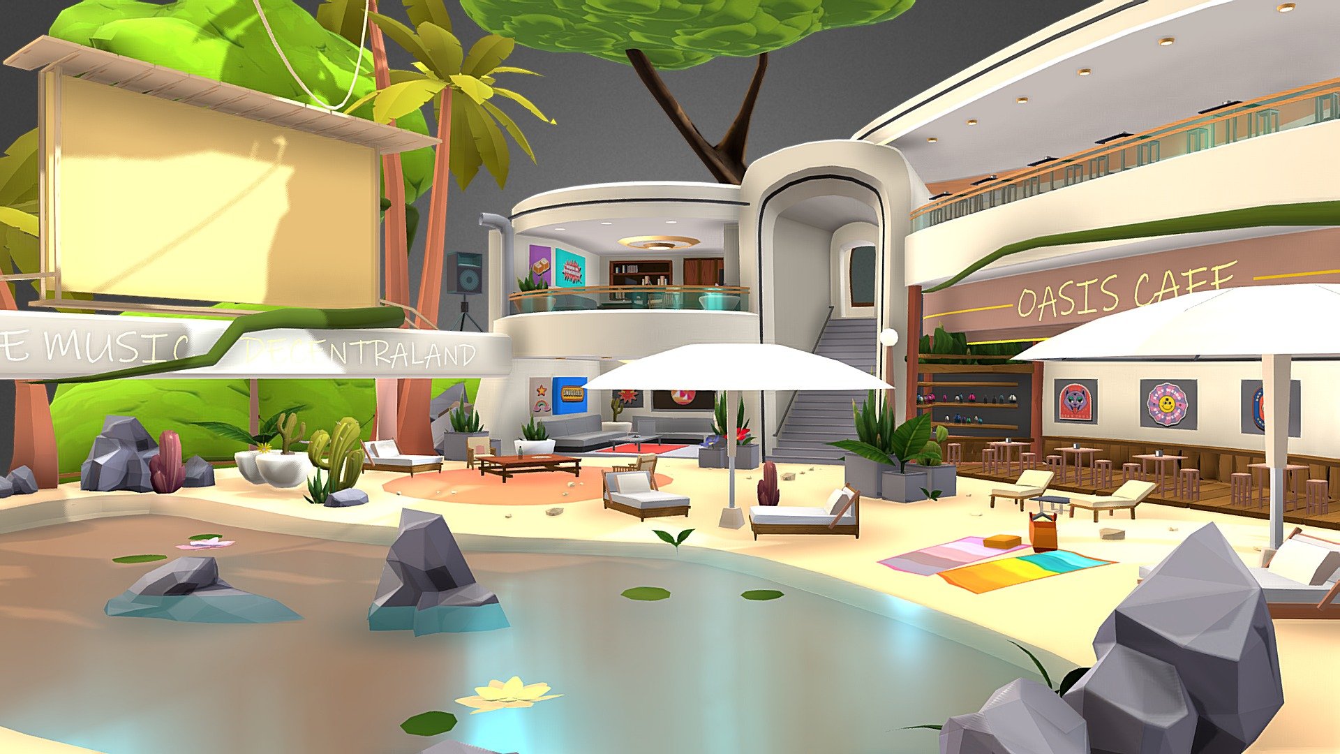 Welcome to the Digital Nomad's Oasis, the final stop on the End of Year 2023 Quest. Located at the top of the tree, you can find a multiplayer pixel canvas here, screens for live music, and different chill out options. 

Play the quest in Decentraland  at coordinates: 148, -100

Created by FGR3D, MaHa, Inihility and KJ Walker of LowPolyModels for the End Of Year 2023 Quest in Decentraland 3d model