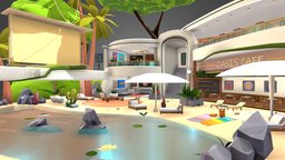 Oasis | Treehouse Quest music, trees, tree, plants, cafe, quest, lake, rocks, special, atlas, party, pond, pool, treehouse, beach, relax, place, vip, nomad, venue, oasis, metaverse, dcl, baked-textures, openair, decentraland, game, blender, lowpoly, gameasset, digital, gameready, noai
