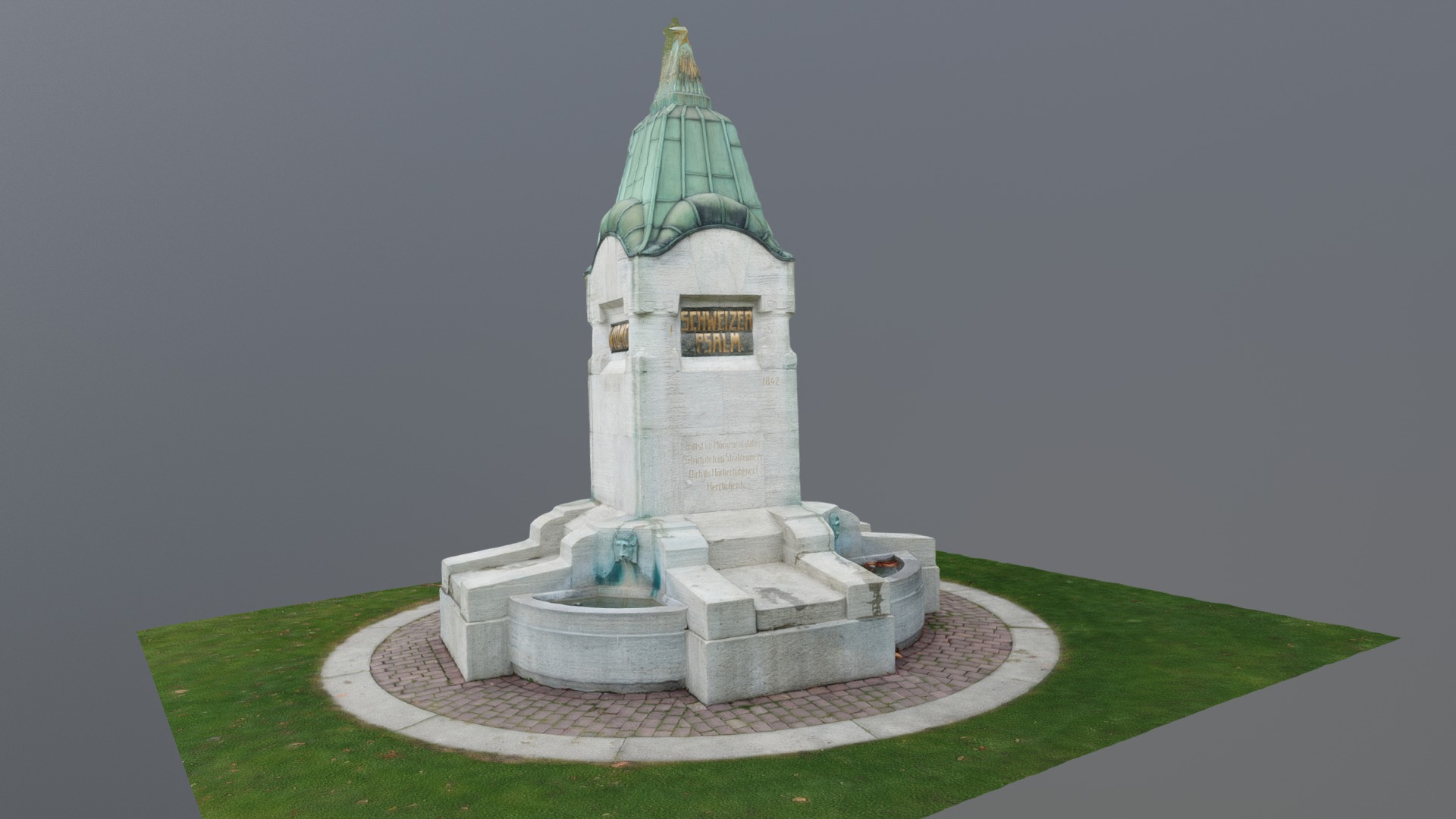 This memorial is located in a park in Zurich (47.353840, 8.552021). It is dedicated to Alberich Zwyssig and Leonhard Widmer - Fountain memorial Zwyssig-Widmer - 3D model by theovasilis 3d model