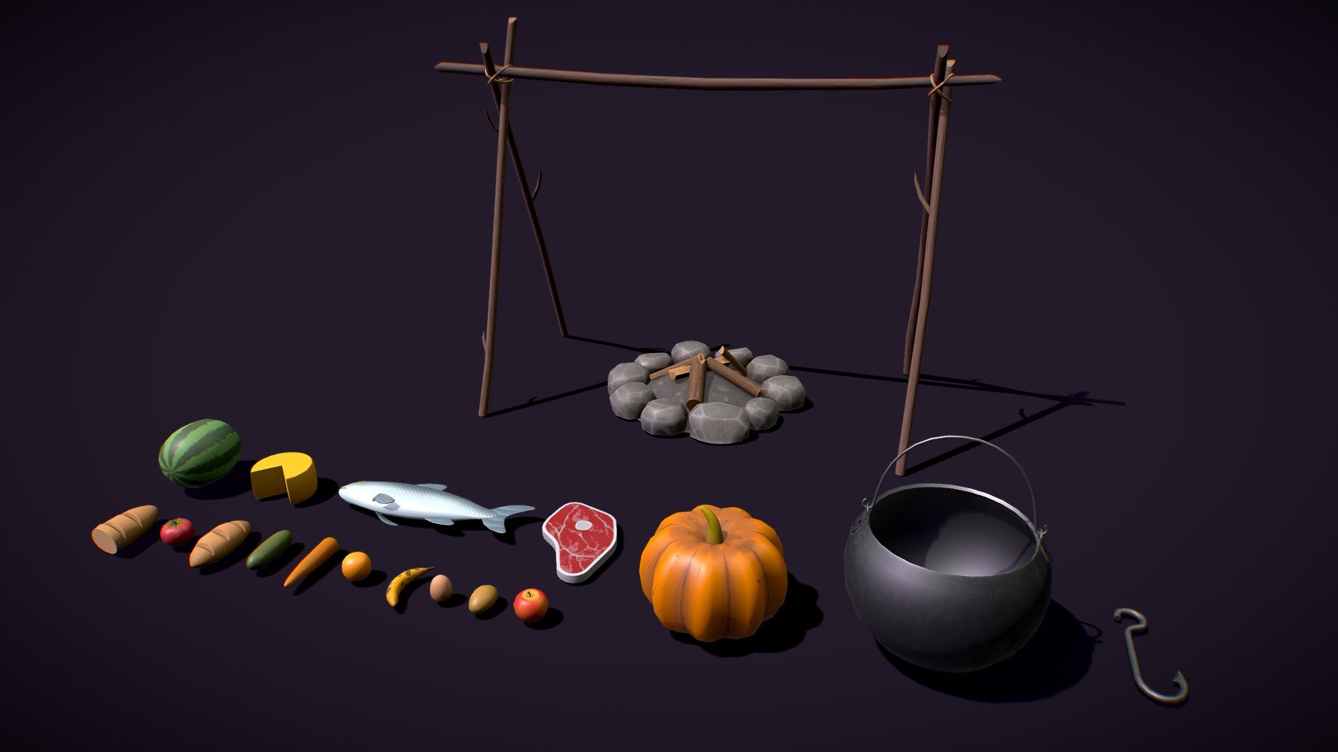 A collection of 15 Stylized Medieval Foods, Including Campfire, Cooking Pot and More with Stylized PBR Textures. Suitable for any scene. Ready to use in any project.

Are you liked this Package? Feel free to take a look on my another models! Here

Features:

.Fbx, .Obj, .Uasset and .Blend files.

Low Poly Mesh game-ready.

Real-World Scale (centimeters).

Unreal Project 4.20+

Custom Collision for Unreal Engine 4 (Handmade).

Tris Count: 192 to 1,908.

Number of Textures (PNG): 96

Number of Textures (UE4/UE5): 58

Number of Materials (UE4/UE5): 2 Materials and 21 Material Instances

PBR Textures (256x256), (512x512), (1024x1024) and (2048x2048) (PNG).

Type of Textures: Base Color, Roughness, Metallic, Normal Map and Ambient Occlusion (PNG).

Combined RMA texture (Roughness, Metallic and Ambient Occlusion) for Unreal Engine 4 (PNG) 3d model