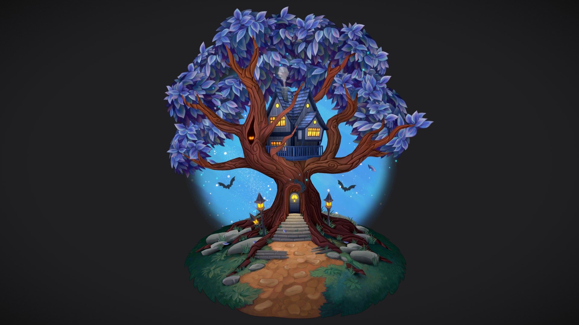 Finished 🥳
I had to reload it to add animation. Also I've finalized textures. 
The previous version is here.

This is for Asheligh Warner’s CGMA Creating Stylized Game Assets for Winter 2023. 
Week 2: 2.5 Handpainted Stylized Tree. 

It’s designed to be viewed from a limited camera angle 3d model