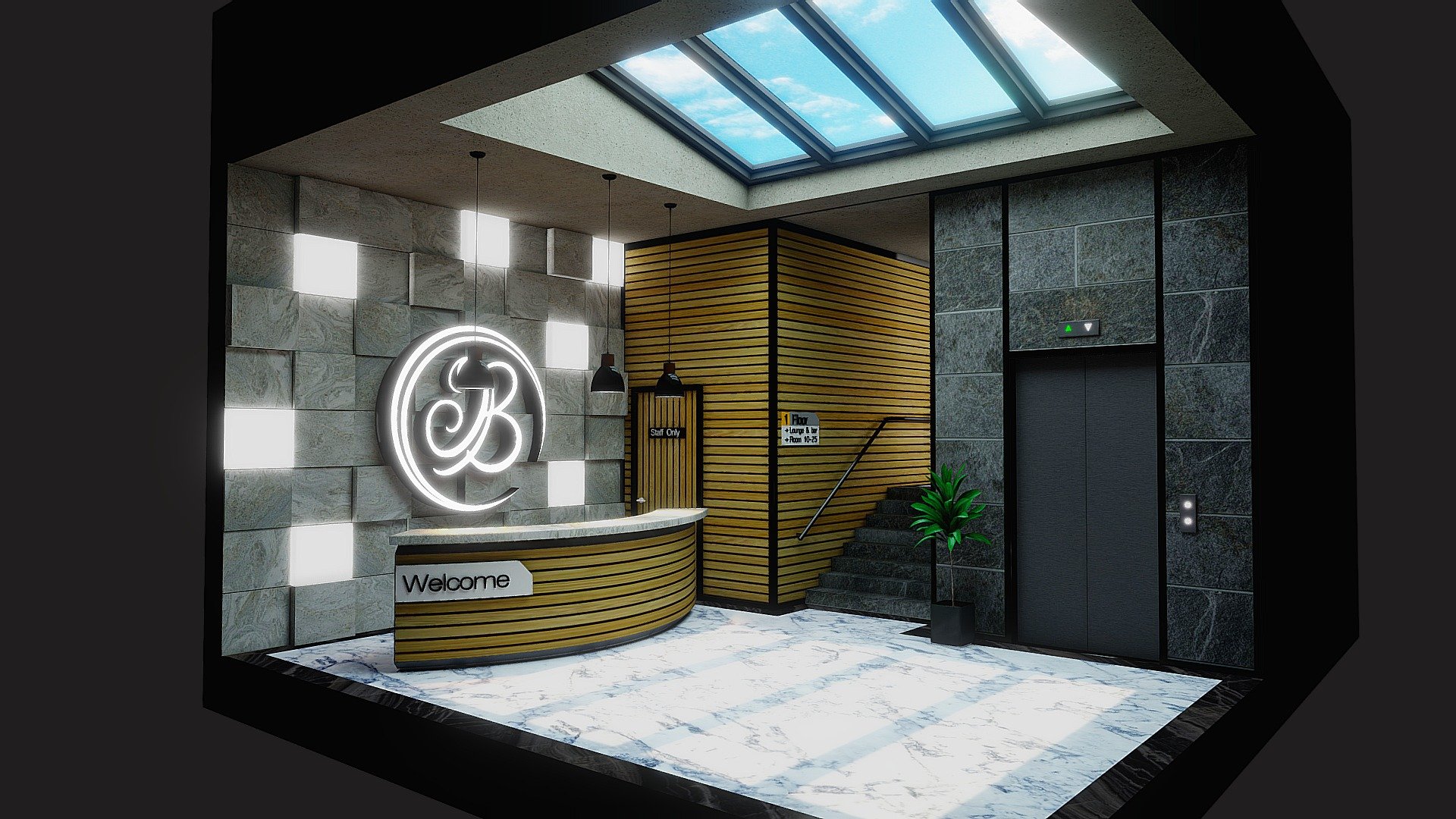 B _ hotel reception with  lights and textures baking - blender 3.3.5

4096k hotel diffuse texture + sky diffuse.

DAE file + Blender .Blend additional file for multiple export​ 3d model
