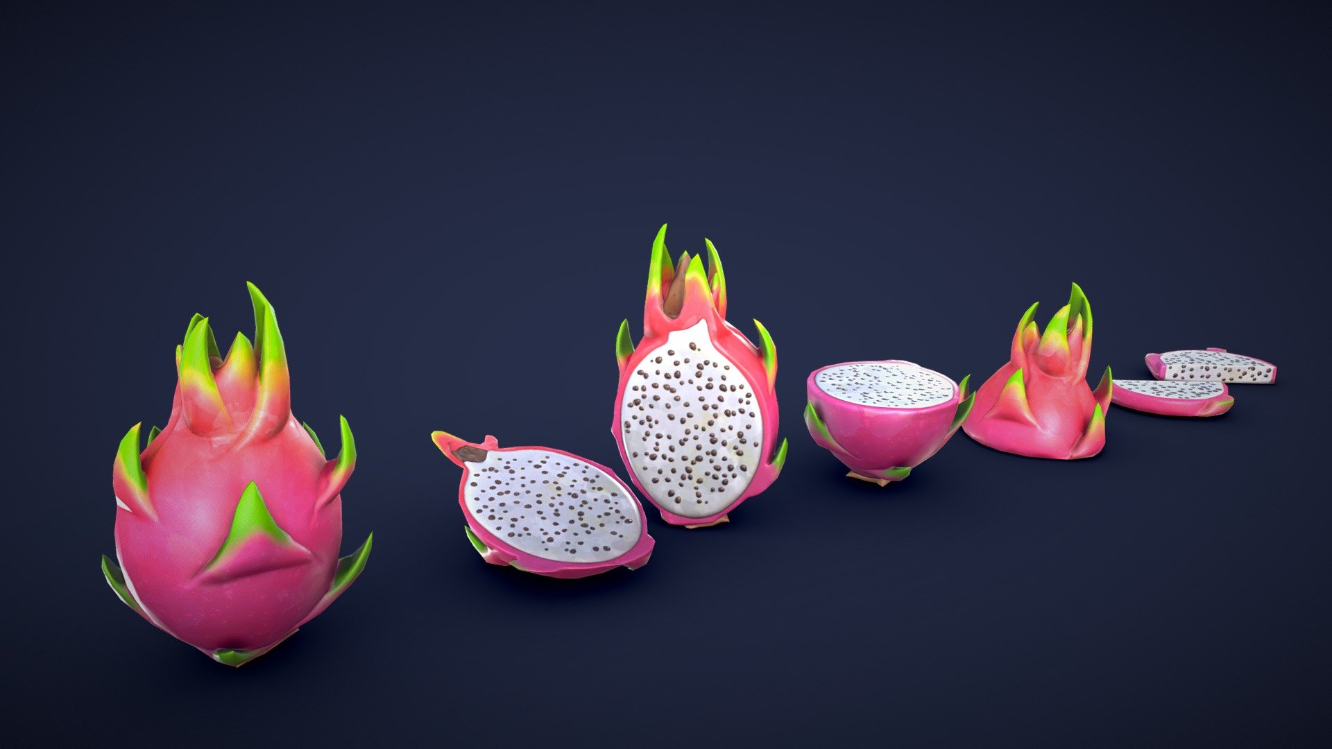 This asset pack contains 7 different pitaya / dragon fruit meshes. Whether you need an asset for a market scene or some props for an enviroment, this 3D stylized pitaya / dragon fruit asset pack has you covered! 

Model information:




Optimized low-poly assets for real-time usage.

Optimized and clean UV mapping.

2K and 4K textures for the assets are included.

Compatible with Unreal Engine, Unity and similar engines.

All assets are included in a separate file as well.
 - Stylized Pitaya / Dragon Fruit - Low Poly - Buy Royalty Free 3D model by Lars Korden (@Lark.Art) 3d model