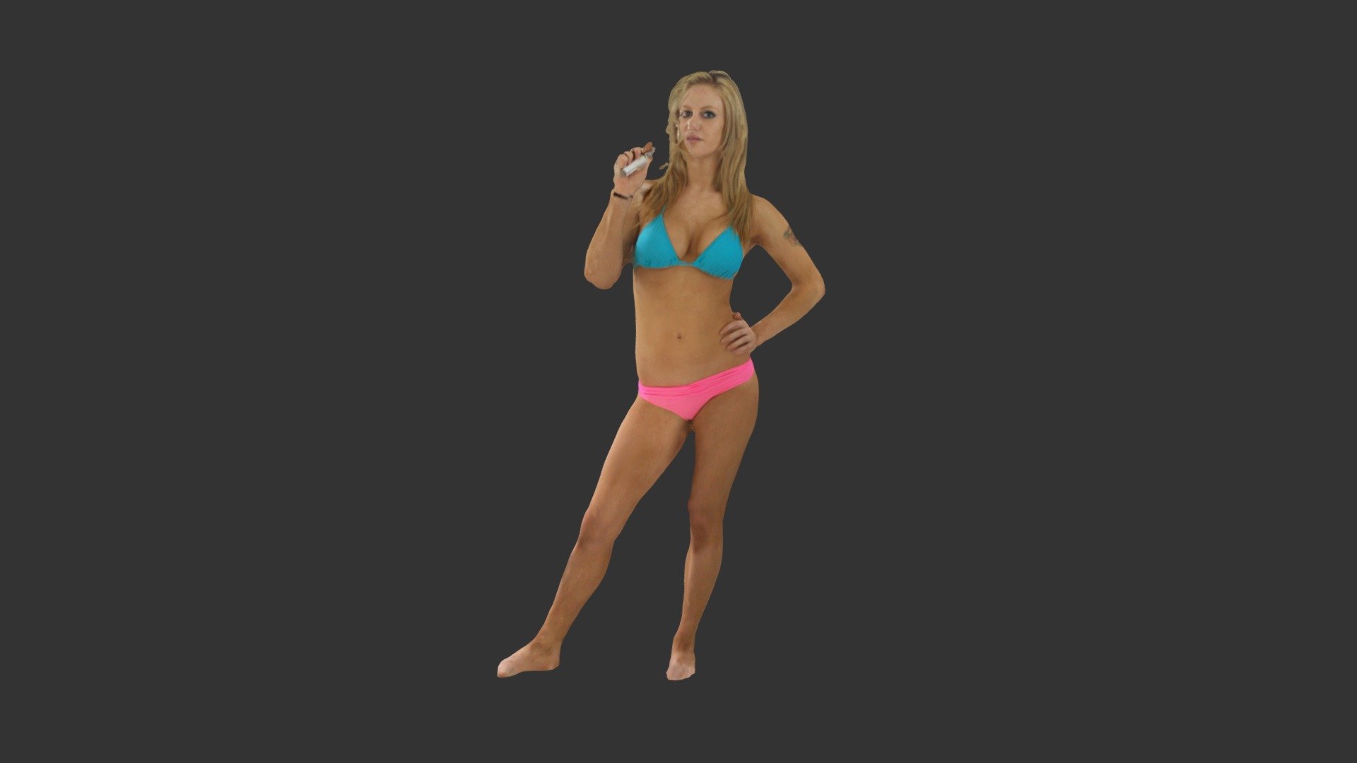 This beautiful young woman is dressed in a bikini.  She is holding a vape thing while looking forward 3d model