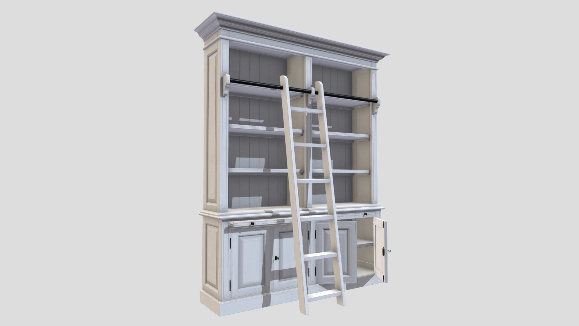 Replica of a Hampton-style white bookshelf with a ladder for ease of access &amp; a slightly worn finish

Made using a tape measure, Blender 3.0.1 &amp; Substance Painter 2020 6.2.2 - Ornate Bookshelf with ladder - 3D model by HazelnutAUS 3d model