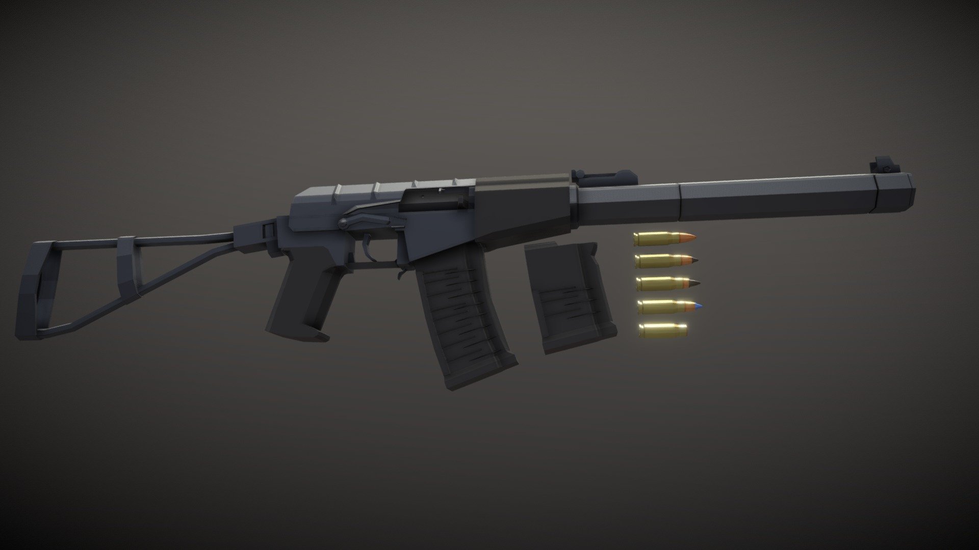 Low-Poly model of the Avtomát Spetsiálny, a well-known russian suppressed assault rifle chambered in 9x39, a cartridge intended to deliver the same energy as a conventional rifle round but at much quieter sub-sonic velocities. 

Included are rifle, 20 and 30 round magazines, a round of standard ammunition, one of +P (increased pressure, velocity and sound), two different AP rounds and a casing 3d model