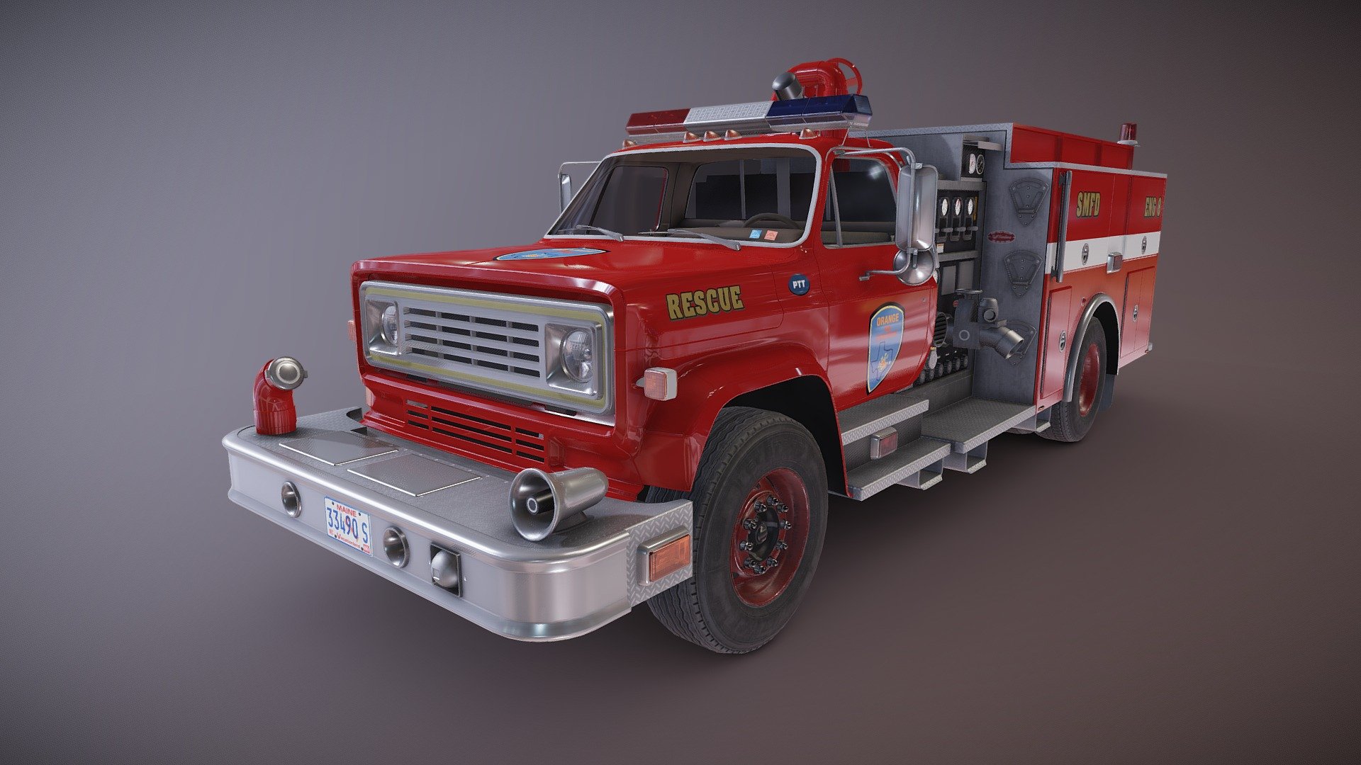 Vintage pump fire truck game ready model.

Full textured model with clean topology.

High accuracy exterior model.

Different tires for rear and front wheels.

High detailed cabin - seams, rivets, chrome parts, wipers and etc.

High detailed equipment - gauges, valves, tubes etc.

Lowpoly interior - 2855 tris 1652 verts.

Wheels - 13350 tris 7762 verts.

Full model - 83049 tris 50288 verts.

High detailed rims and tires, with PBR maps(Base_Color/Metallic/Normal/Roughness.png2048x2048 )

Original scale.

Lenght 6.6m , width 2.1m , height 2.4m.

Model ready for real-time apps, games, virtual reality and augmented reality.

Asset looks accuracy and realistic and become a good part of your project 3d model