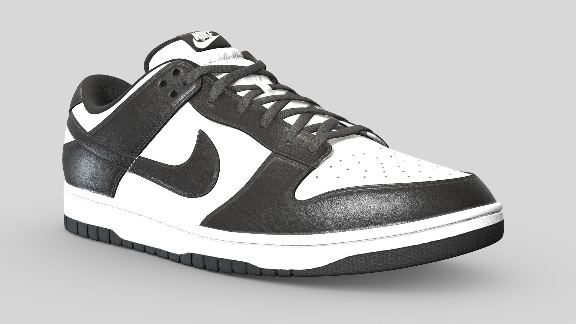 Nike Dunk Low in the Panda Colourway. Every detail was made in the recreation of this shoe, from the text on the medial side of the shoe to the subtlety of each material, nothing went overlooked. Stitches were sculpted by hand to achieve the highest quality

What's included




Blender file with linked textures

FBX and OBJ versions

OneMesh version

All 4k textures

Model Features

The upmost care went into crafting this model. As a result it is subdivision ready. The model was unwrapped with efficiency in mind. Both left and right shoes are mostly identical, save for logos and text that cannot be mirrored. As such the high detail version of the shoe uses 4 UV maps to cover both of the shoes, with the One mesh version using just the one UV map 3d model